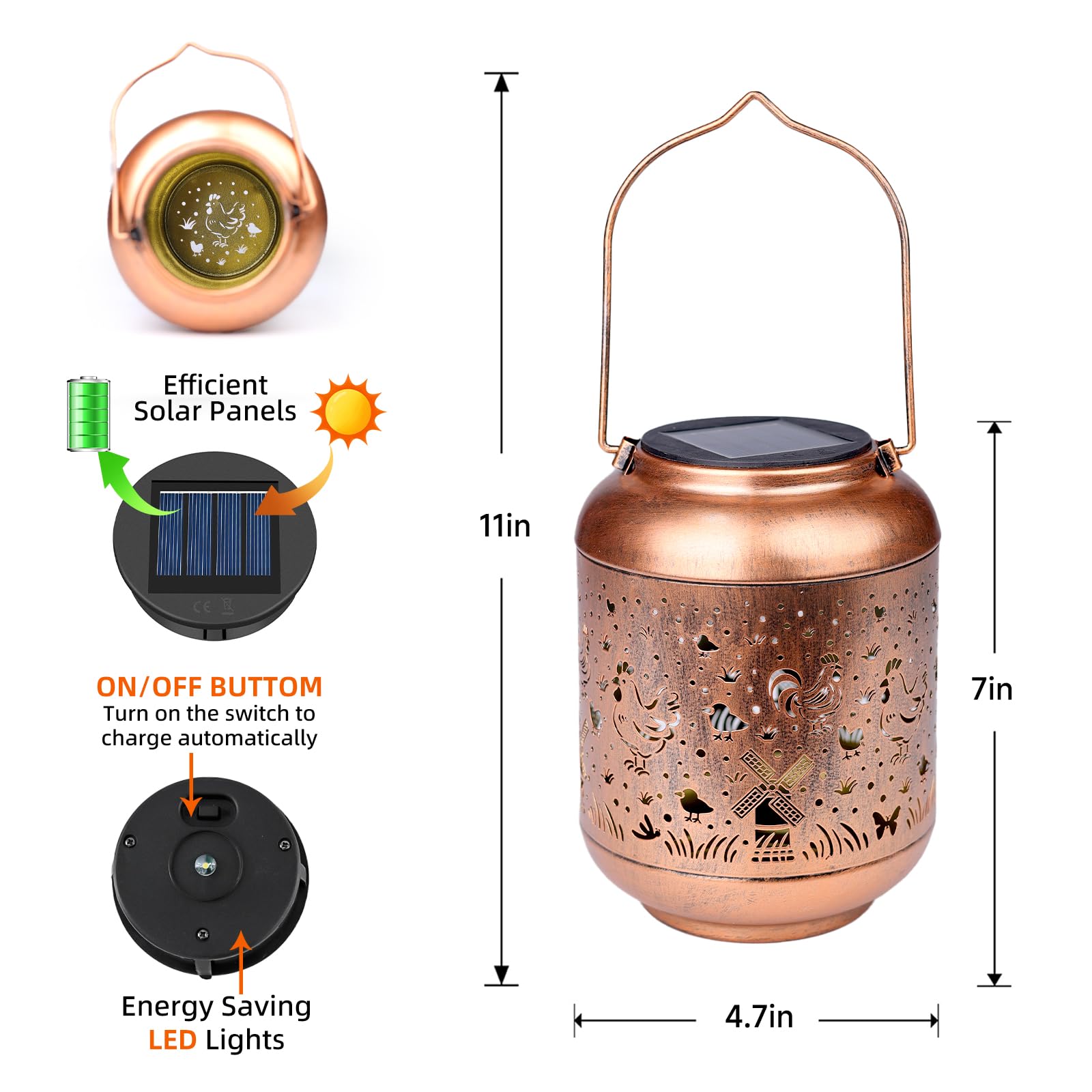 Gr8Gardens Metal Solar Lantern - Waterproof Outdoor Hanging Light, Red Copper, LED Decor for Garden, Patio, Yard, Porch, Model B-G-PD-25017-ji