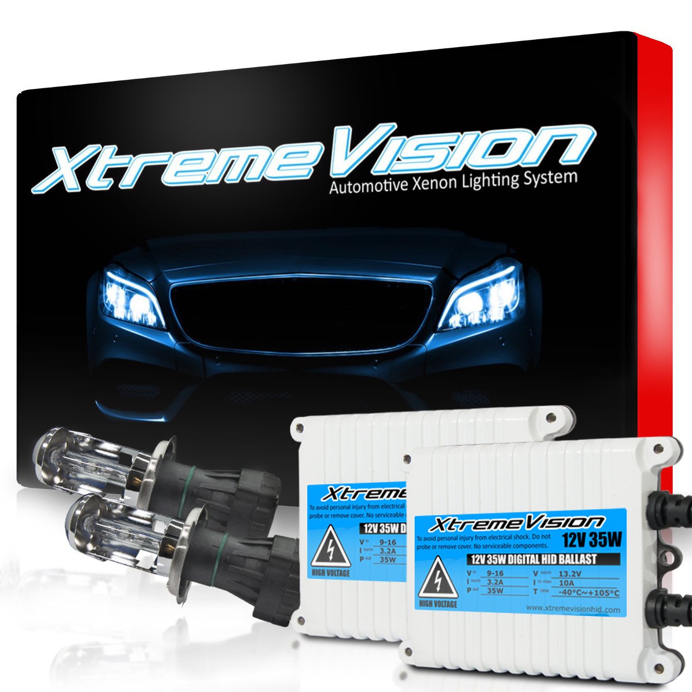 Xtremevision H4 Bi-Xenon 5K 35W Ac Xenon Bundle - Headlight Bulb With Slim Ac Ballast - 9003, Hb2 - 5000K Bright White - 1 Pair