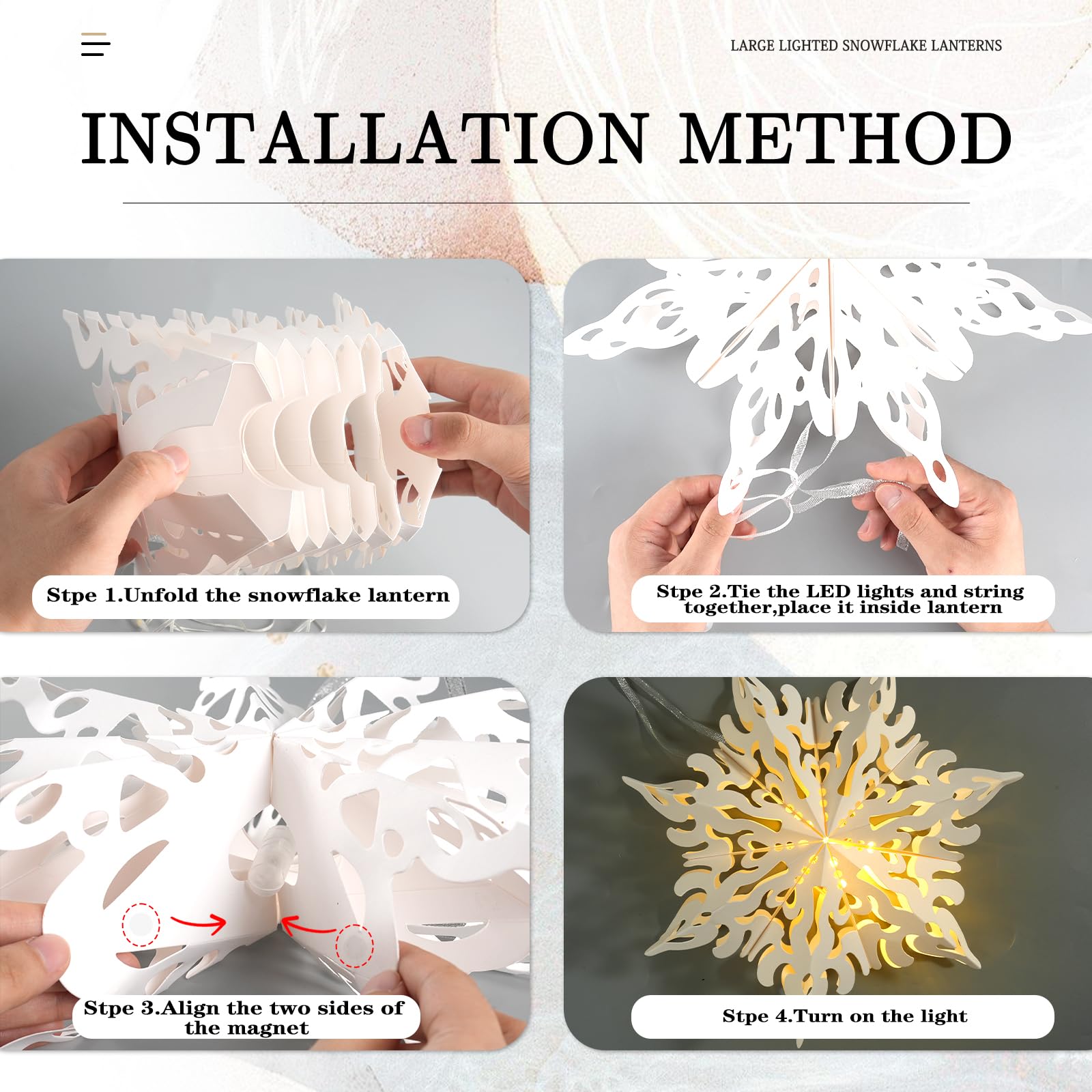 OuMuaMua 10 Pcs Christmas Paper Snowflake Lanterns - Large White Star Lanterns with LED Lights for Holiday Party Decorations
