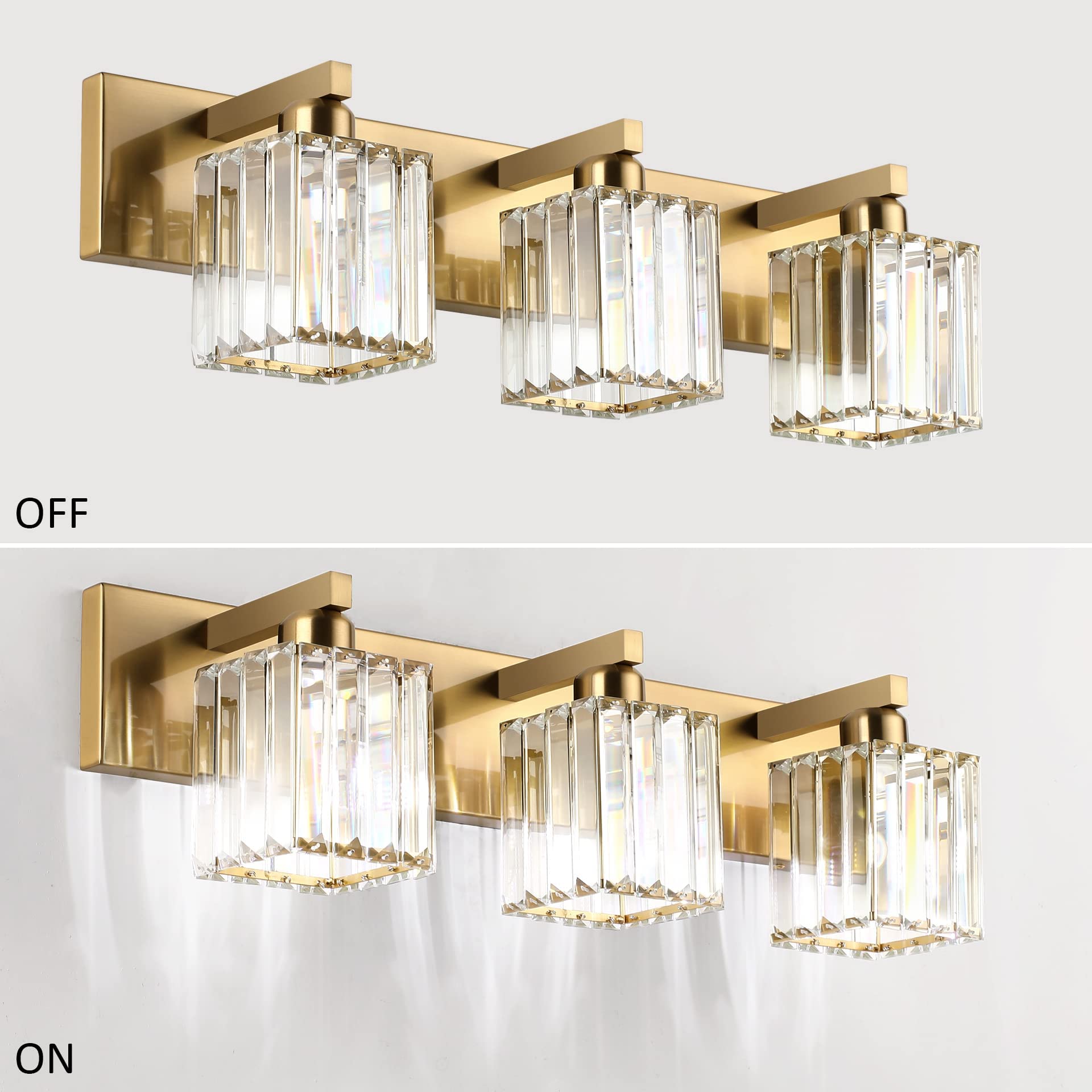 Aipsun Brass Bathroom Vanity Light Fixtures, 3-Light, Aluminum, Model 8461, Crystal Shade