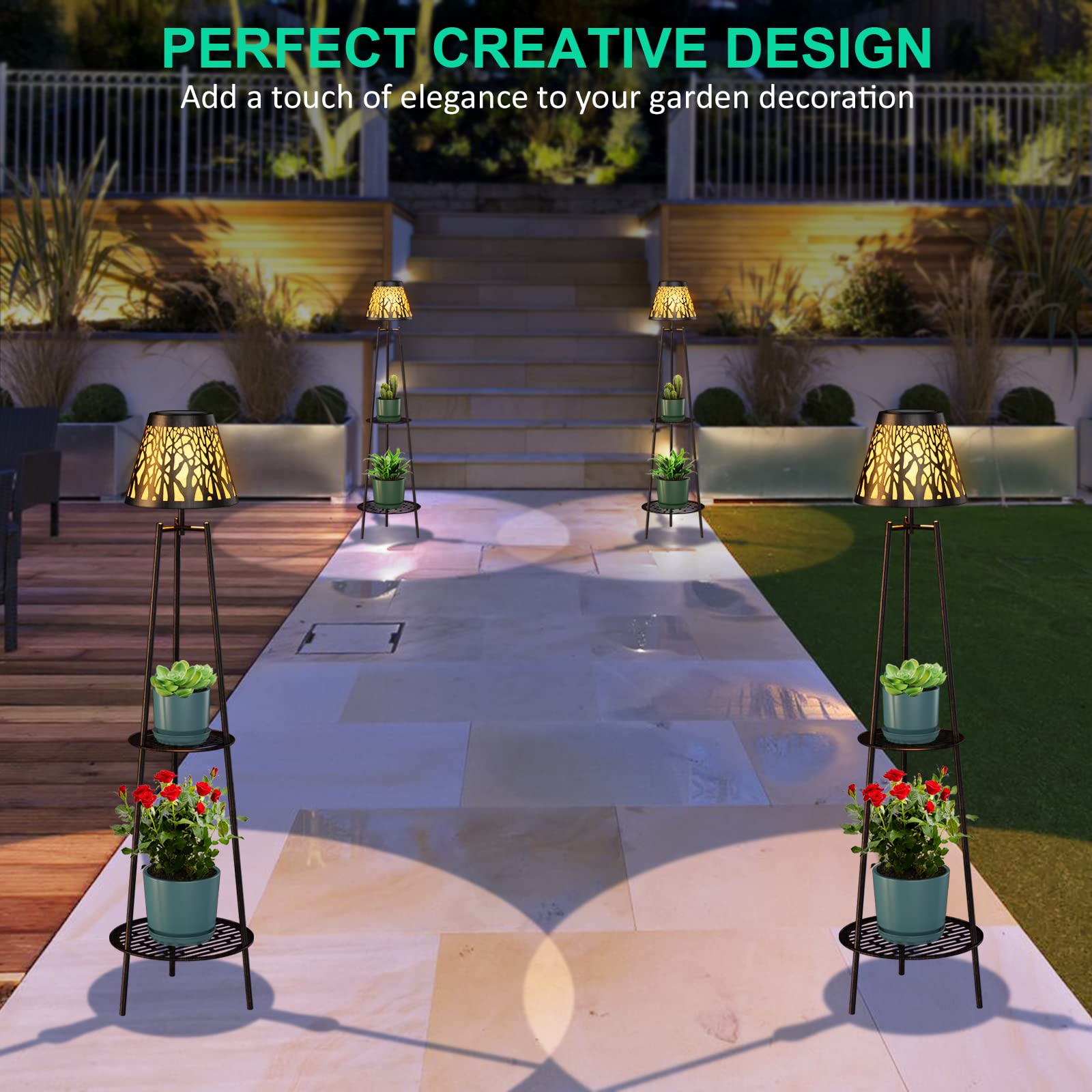 Candieslife 2 Pack Outdoor Solar Lights With Plant Stands, 45.5'' Metal Solar Floor Lamps Waterproof Solar Garden Lights For Pat
