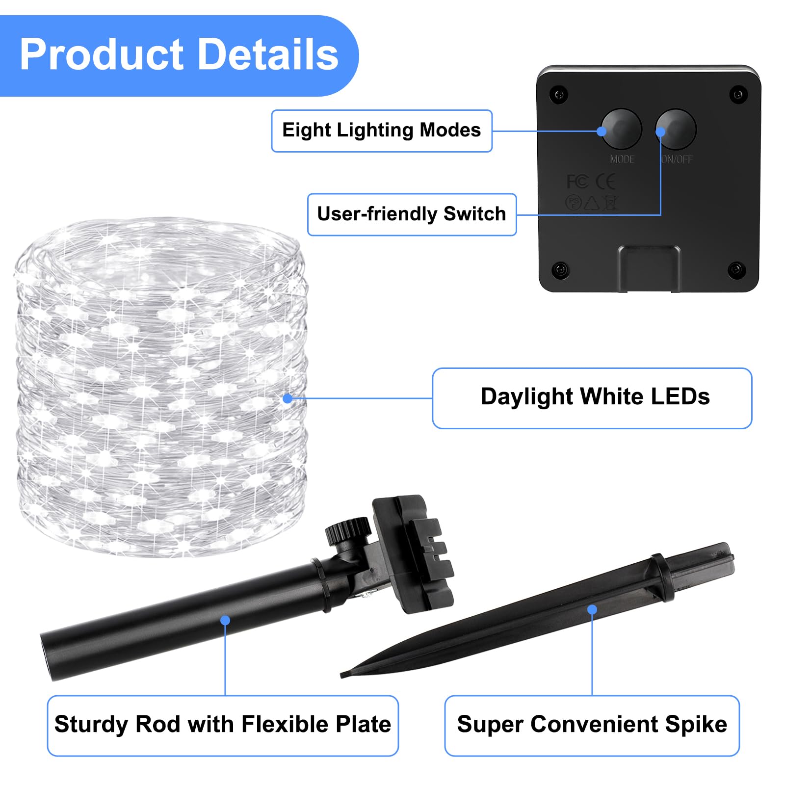 Brightever Outdoor String Lights, Solar Powered, 80FT, 200LED, Waterproof, 8 Lighting Modes, Daylight White, Model OKDMX-KN-SSL-01-C