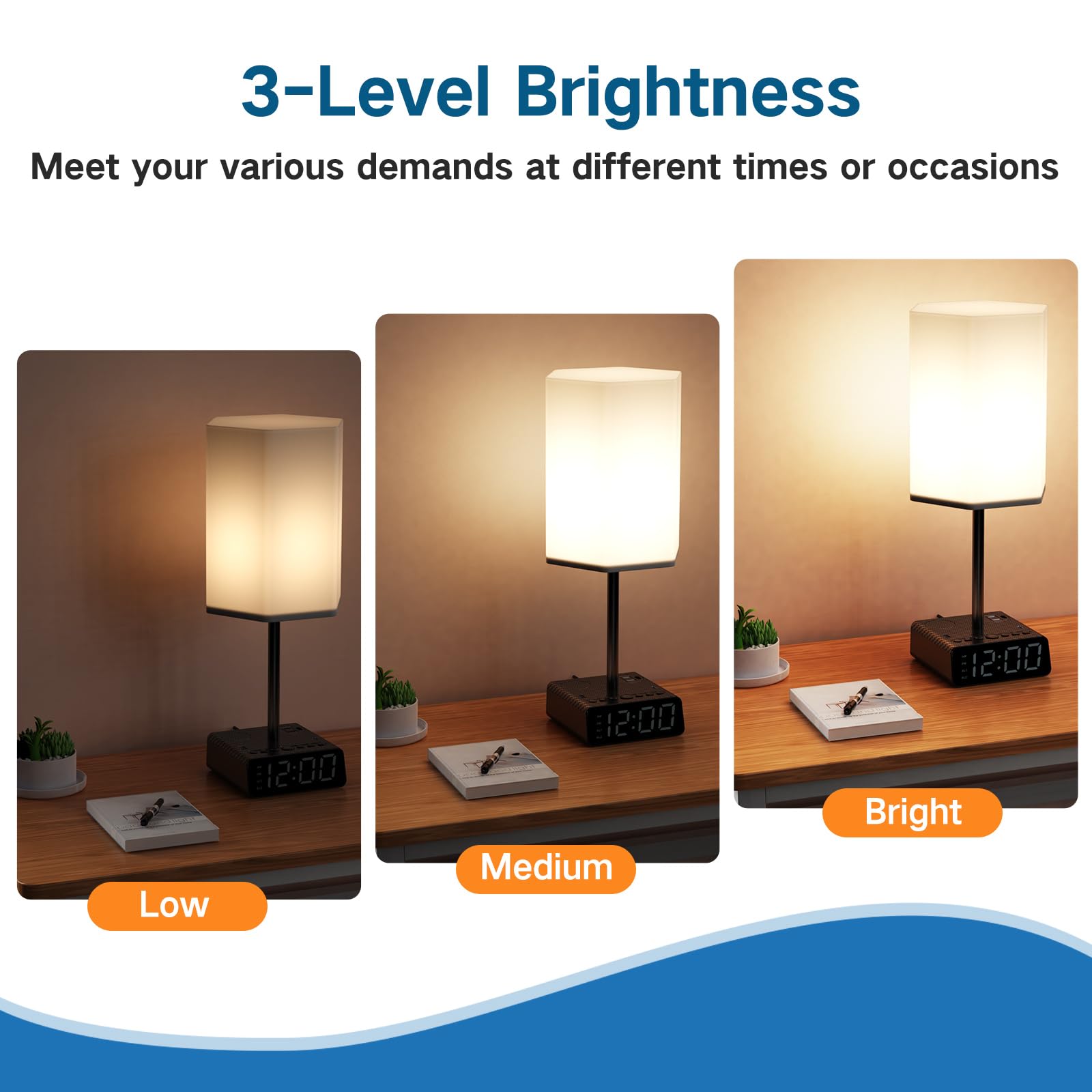 Btu Table Lamp With Usb Ports And Ac Power Outlets, Bedside Lamp With Alarm Clock Base And Speaker, 6Ft Extension Cord, Hexagona