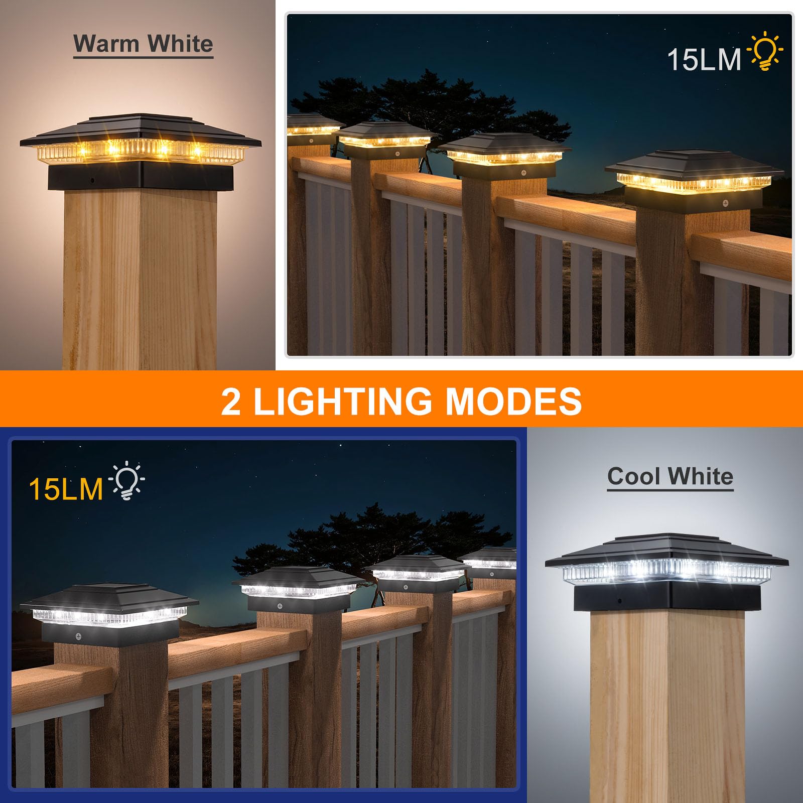 APONUO Solar Post Cap Lights 16-Pack - Black, IP64 Waterproof, 16 LED, 2-Mode, for 4x4/5x5/6x6 Posts,