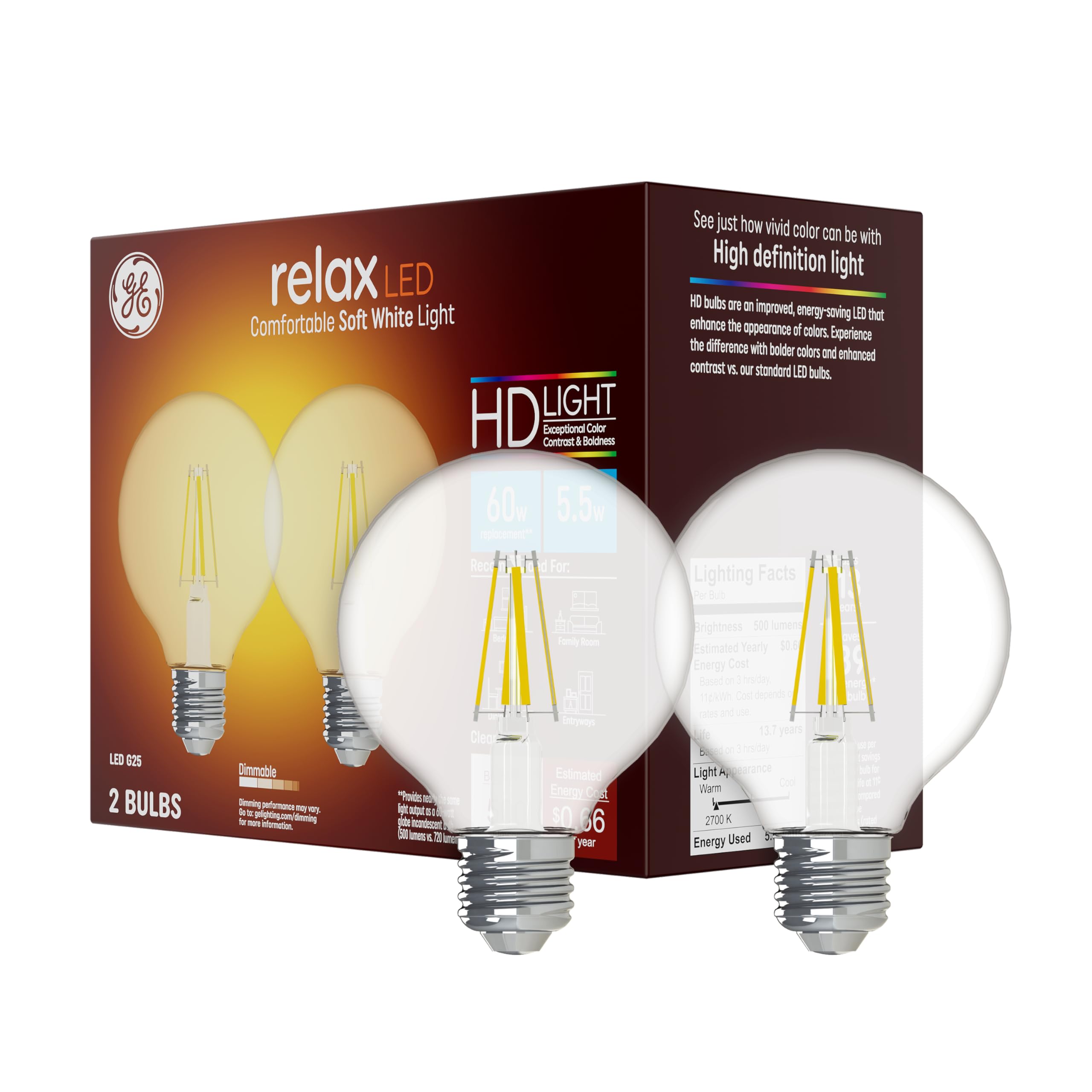 Ge Relax Led Light Bulbs, 60 Watt, Soft White, G25 Globe Bulbs, Medium Base (2 Pack)