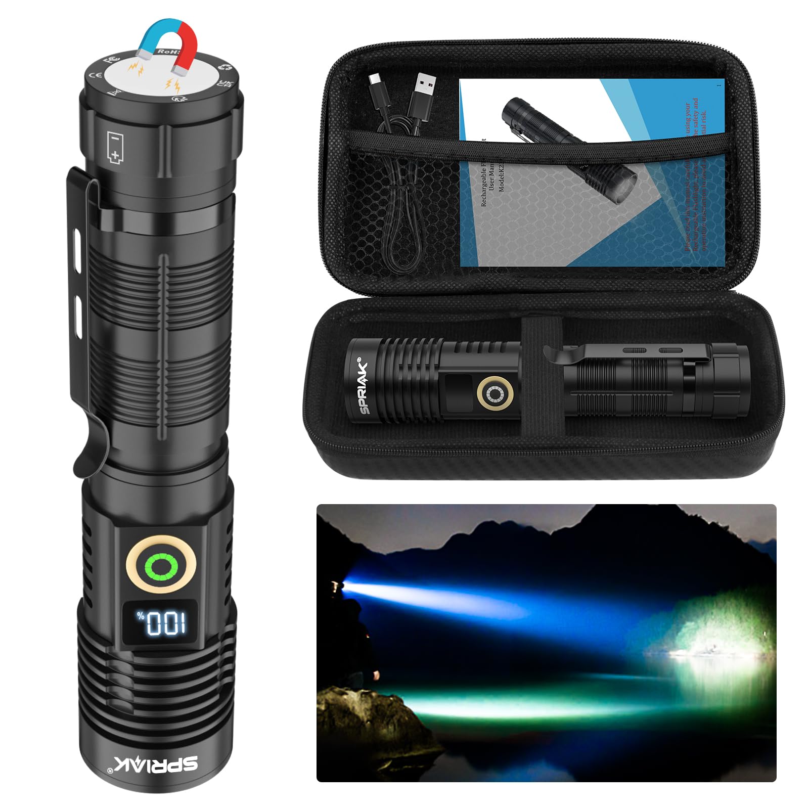 Spriak Rechargeable LED Flashlight, High Lumens, Waterproof, Dimmable, K2301 PRO 1 PACK, Black, Aluminum