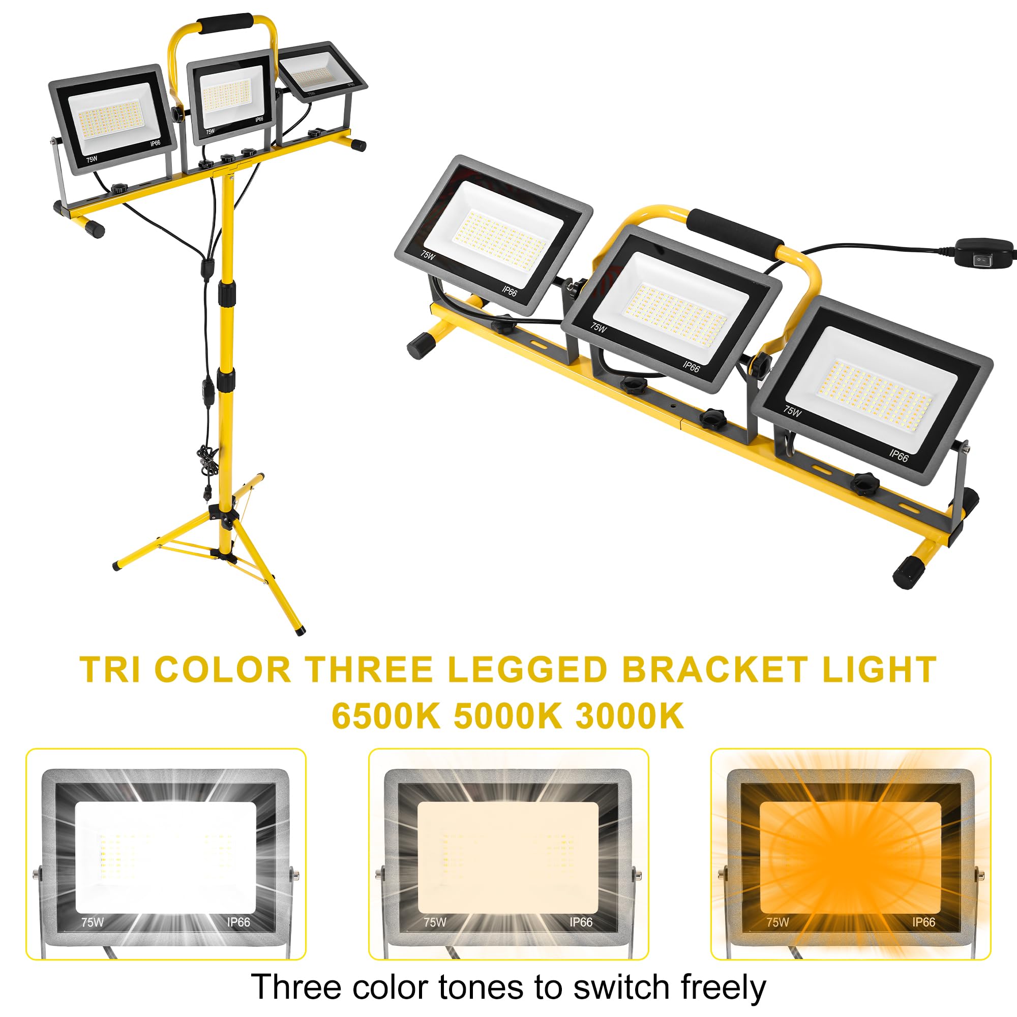 Aiptertet 3-in-1 Color Work Lights, 22500Lm LED with Adjustable Tripod, Waterproof, 3000-6500K Color Temperature, 3-Color Model