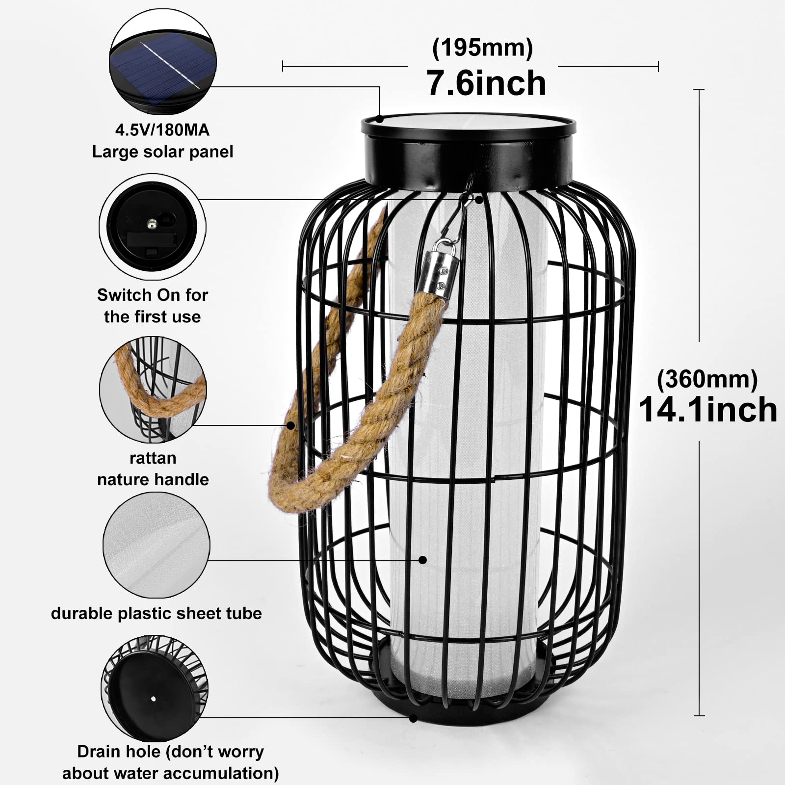 Baterysu Large Outdoor Solar Lanterns Hanging Light Waterproof Led Garden Lights Solar Powered Retro Metal Auto On Off Table Lam