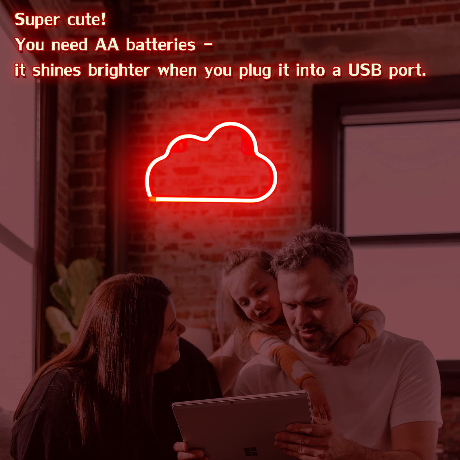 Cloud Neon Signs, Led Cloud Neon Light For Wall Decor, Battery Or Usb Powered Cloud Sign Shaped Decoration Wall Lights For Bedroom Aesthetic Teen Girl Kid Room Birthday Wedding Party Halloween (Red)