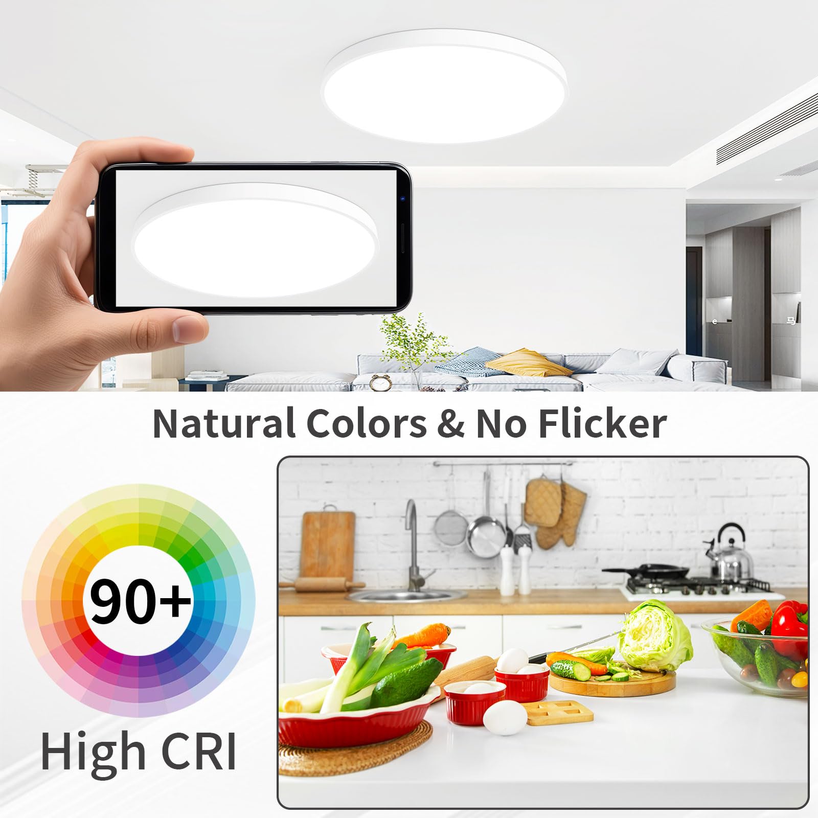 24 Inch Led Ceiling Light Fixture, Ultra Thin Flush Mount, Dimmable With Remote Control, 3000K-6500K Color Adjustable, 48W, 4800