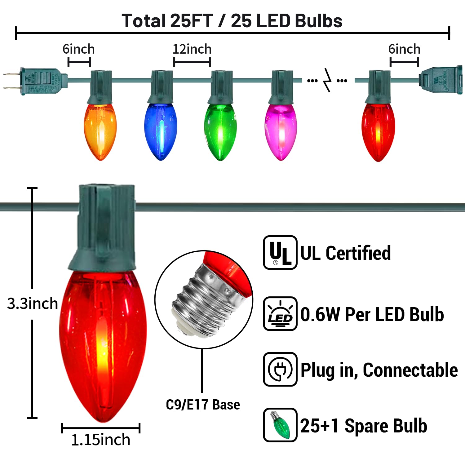 C9 Led Christmas Lights Outdoor Waterproof  25Ft Shatterproof Colored Christmas Lights Led Multicolor C9 Outdoor Christmas Lights For House Christmas Tree Yard Garden Decor  25+1 Led Bulbs  0.6W
