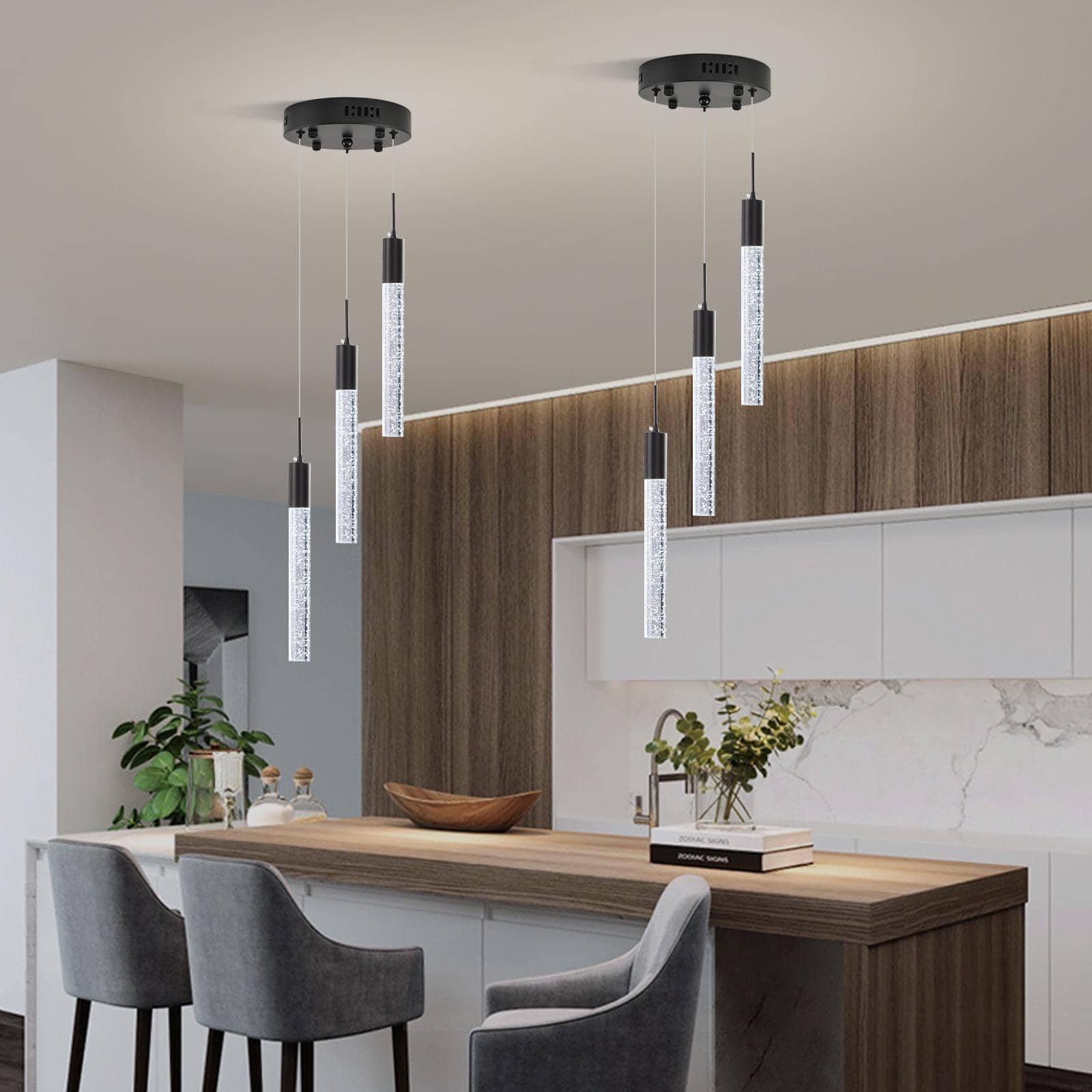 Upfelw Modern Crystal Chandelier 3-Lights  Spiral Led Raindrop Kitchen Island Pendant Lighting  Bubble Foyer Dinimg Room Hanging Light Fixture Remote Control Black