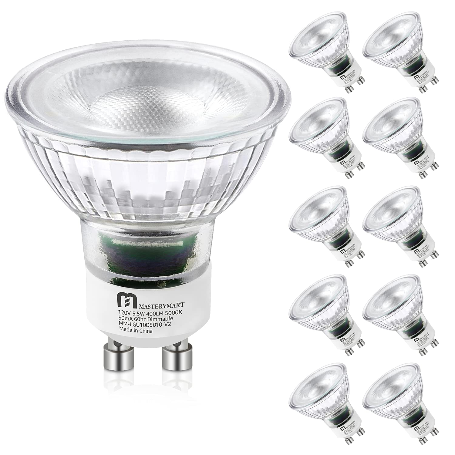 MASTERY MART GU10 LED Light Bulbs 5.5W Dimmable 5000K Daylight White 10 Pack MR16 Spot G10