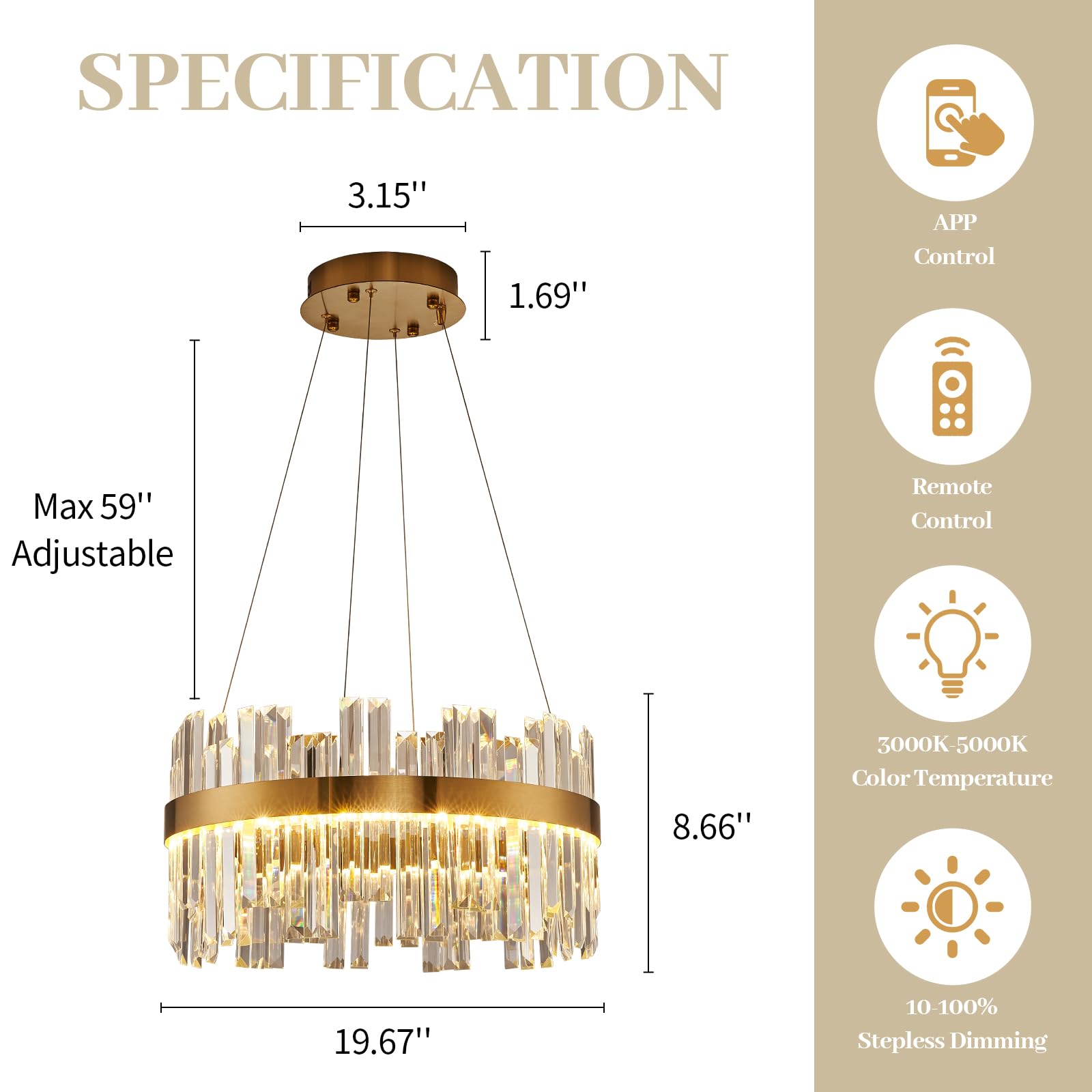 ALIYIQI 19.7'' Dimmable LED Crystal Chandelier Light Fixture, Gold, Remote Control, 3 Color Options for Dining Room, Living Room, Kitchen