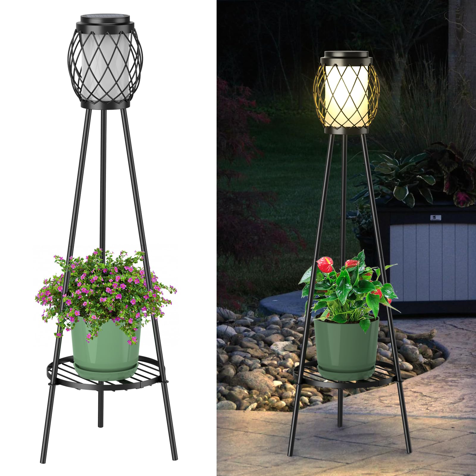 Solar Lights Outdoor with Plant Stands 2 Pack, Solar Floor Lamp Metal Tripod Patio Lights for Garden Yard Pathway Driveway Front