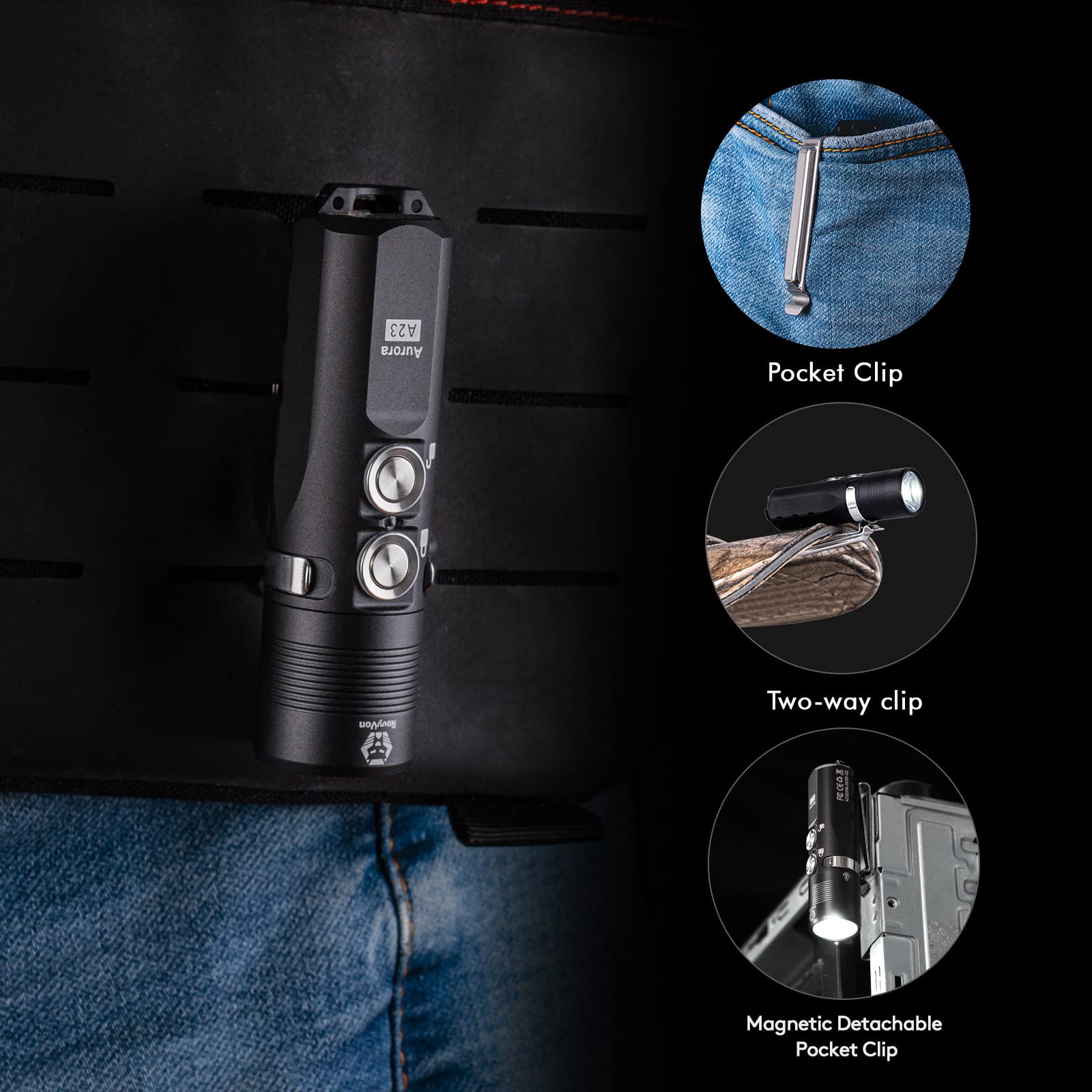 RovyVon A23 EDC Flashlight, 1000 Lumens, USB C Rechargeable, IPX8 Waterproof, Pocket Size, Black