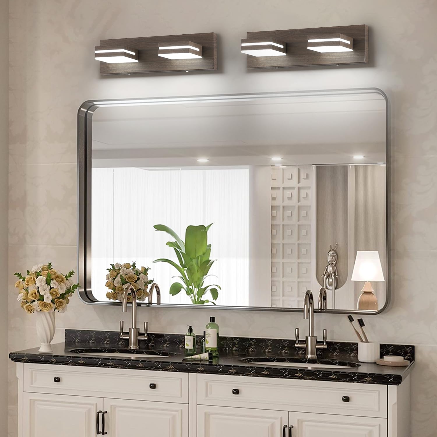 Sinerise Led Modern Bathroom Vanity Light Fixtures (2-Light, 15.5-Inch), Brown Wood Painted Modern Acrylic Bathroom Wall Lightin