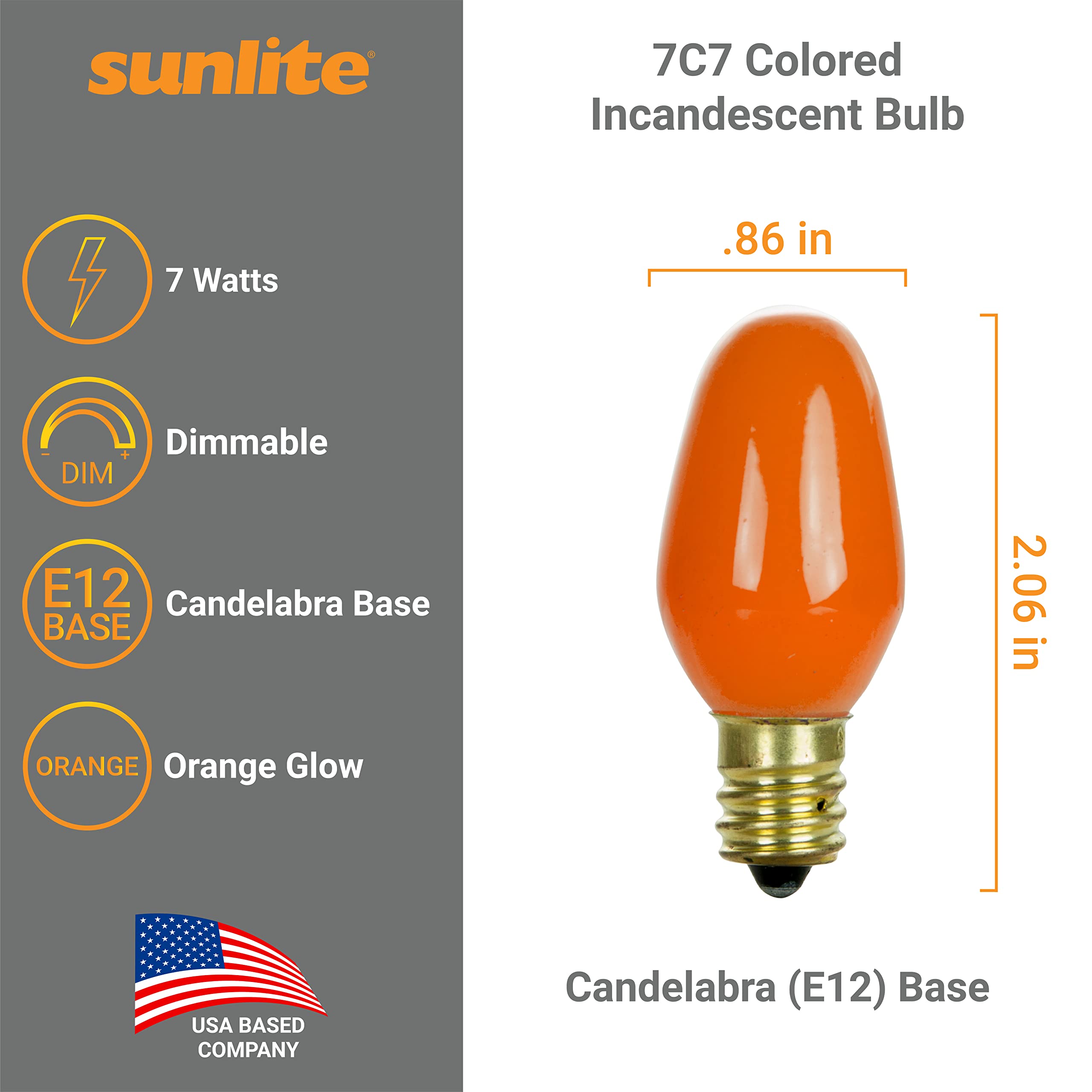 Sunlite 01057 7C7 Incandescent Bulb, 7 Watt, Candelabra E12 Base, C7 Small Night Light, Colored Bulb, Orange, 12 Count
