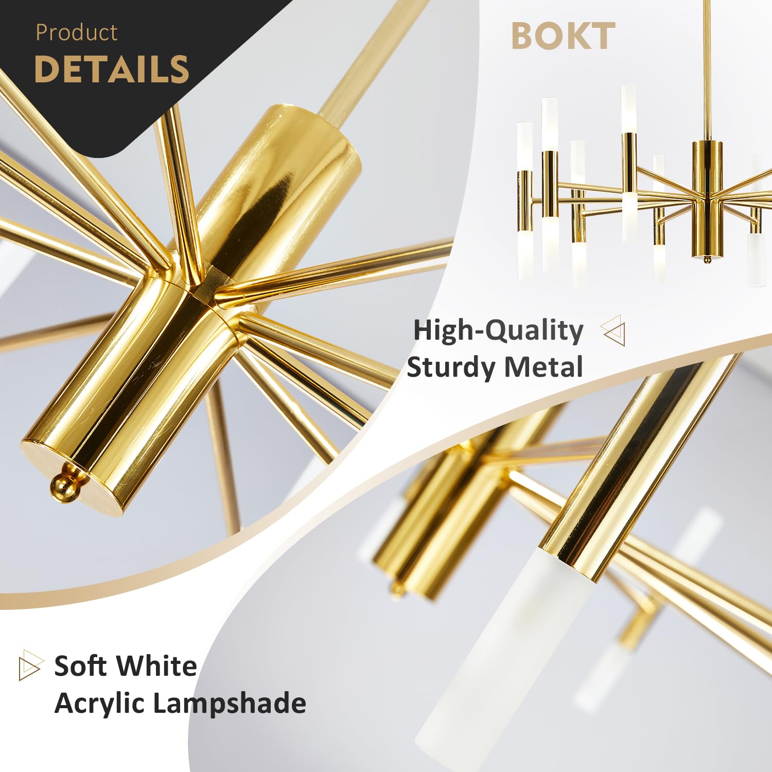 Bokt Modern Chandelier 20-Lights Led Sputnik Chandelier Mid Century Pendant Light Acrylic White Shades Gold Semi Flush Mount Cei