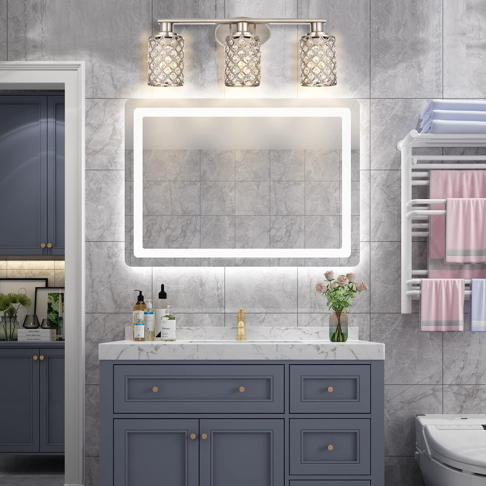 3 Light Bathroom Light Fixtures, Modern Farmhouse Vanity Light,Brushed Nickel Bathroom Lights Over Mirror,Crystal Vanity Lighting Fixtures For Bathroom,Powder Room