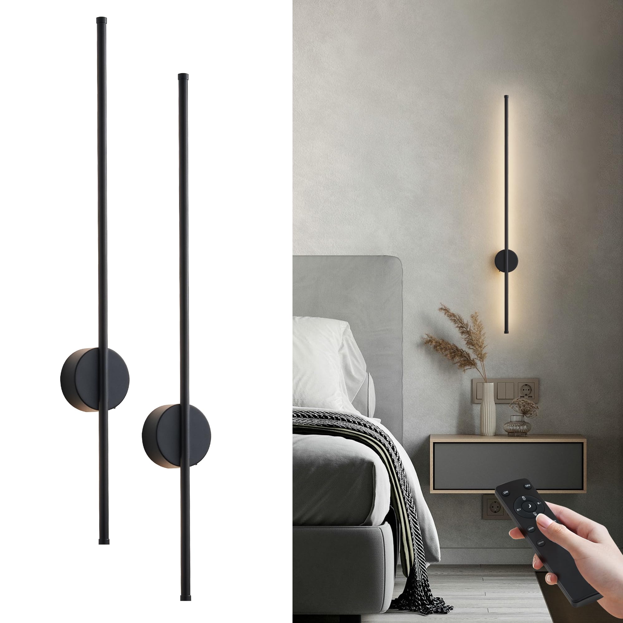 KARTOOSH Battery Operated Wall Sconces, Dimmable, 3 Color Temperatures, 39.3 Inch, Black, Model ZM322BBL100, Set of Two