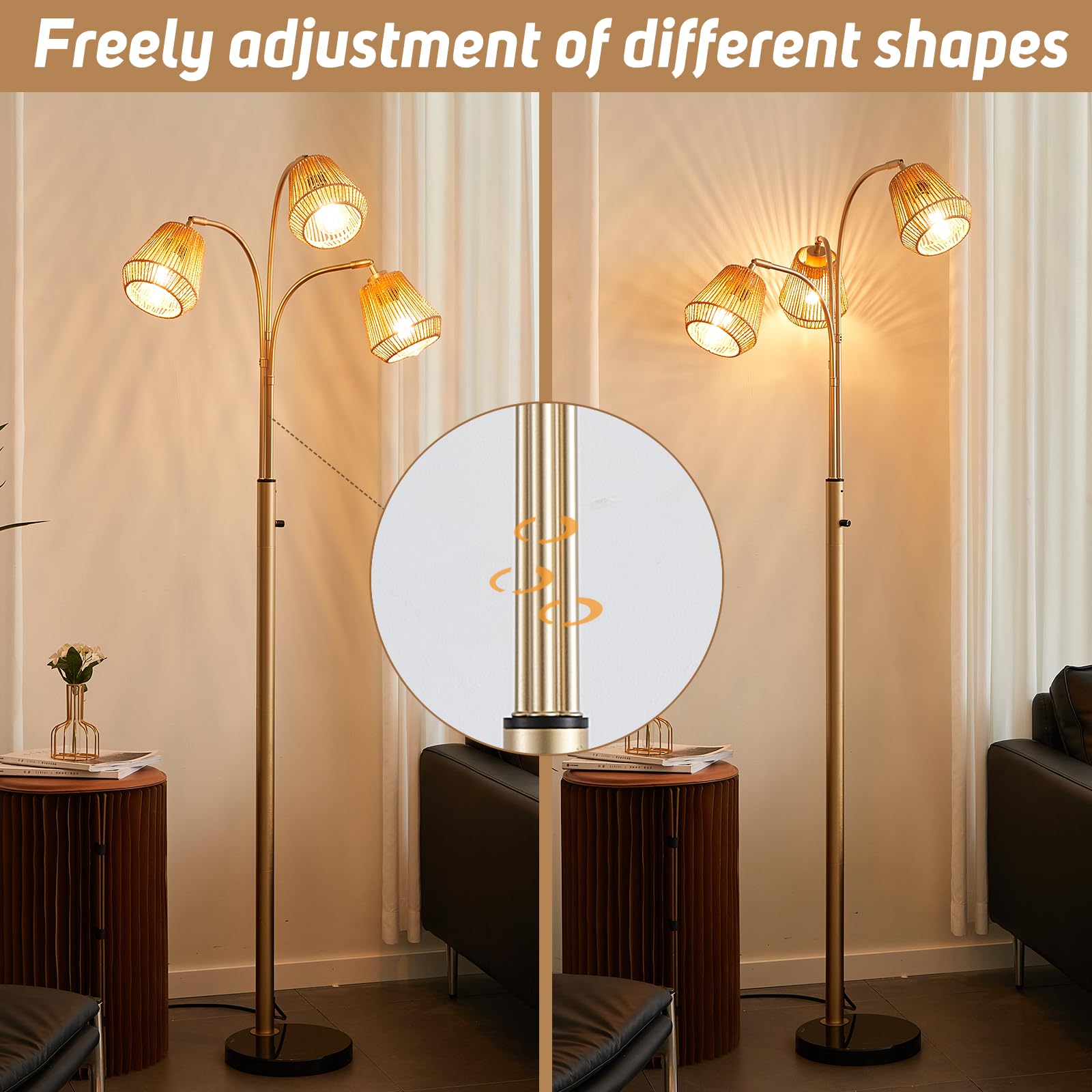 Ghcker Gold Rattan Floor Lamp For Living Room, 72 Inch Tall Boho Floor Lamp With Rotary Switch, 3 Lights Arc Lamp With Wicker Sh