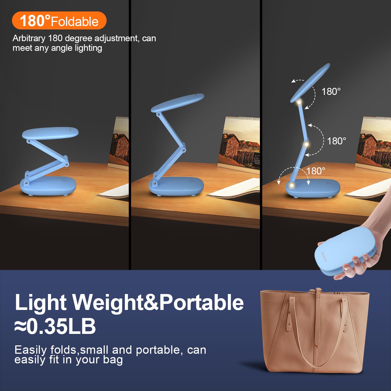 Akejrym LED Desk Lamp, Battery Operated, Foldable & Portable, 3 Brightness Levels, Blue, Model A888