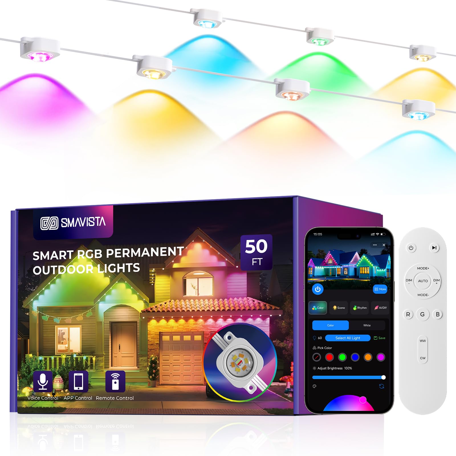 SMAVISTA Smart Permanent Outdoor Lights Pro  50ft 30LED RGB+IC+Warm/Cool White for Daily  100+ Scene Modes  Waterproof Eaves Light for Halloween Christmas Decor  Works with Alexa  Google Assistant