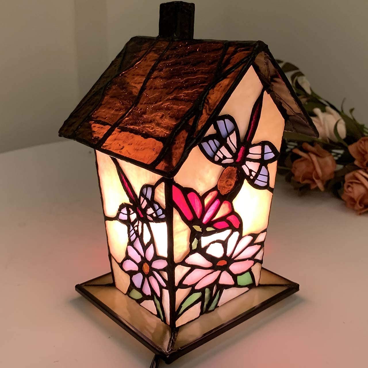 Bieye L10782 Tiffany Style Stained Glass Birdhouse Table Lamp For Home Decor (7-Inch High, Dragonfly)