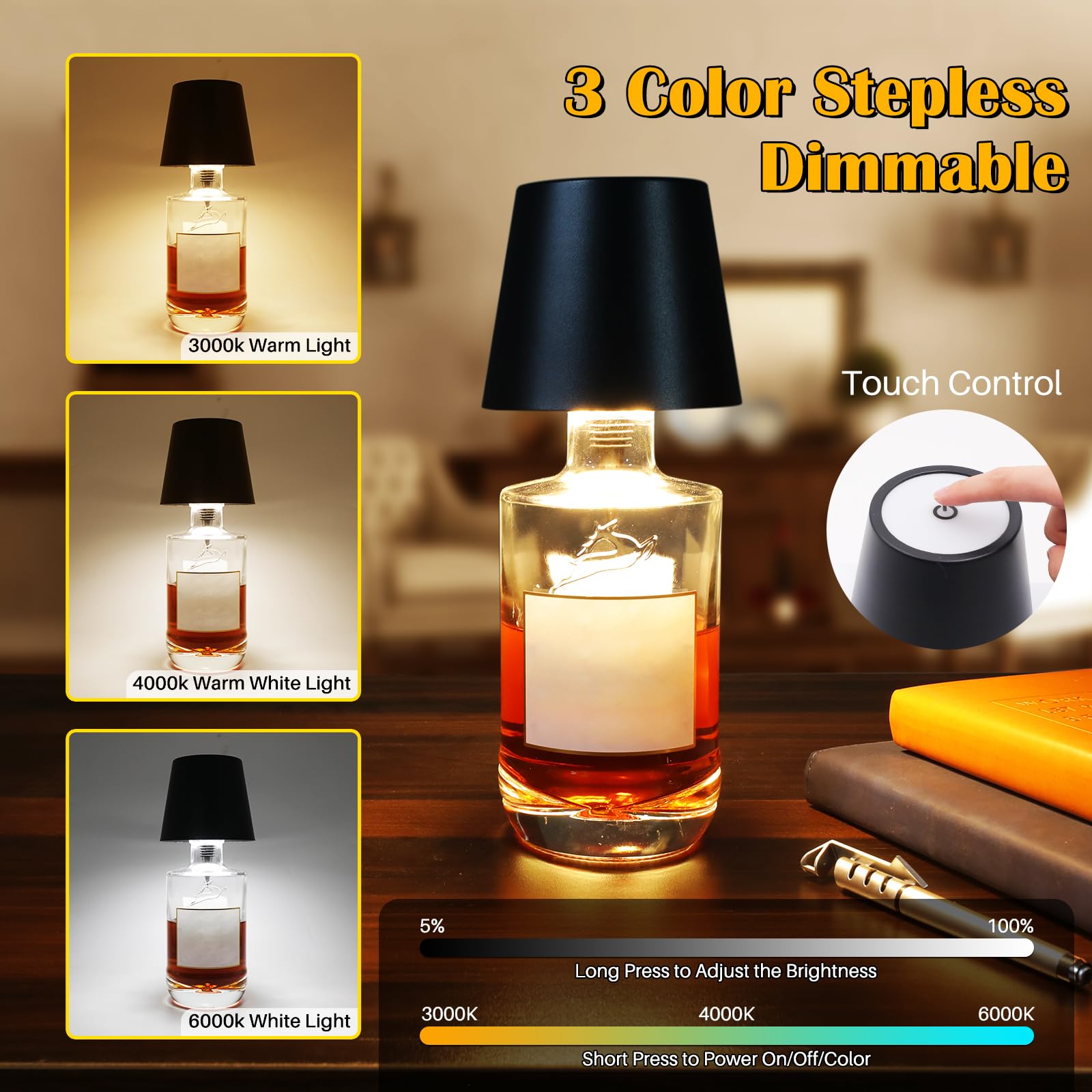 Wireless Bottle Lamp, Adjustable Brightness 3 Color Wine Bottle Light With 2500 Mah Battery, Touch Control Rechargeable Metal Waterproof Table Lamp For Dining Room/Bedroom/Bar, Black