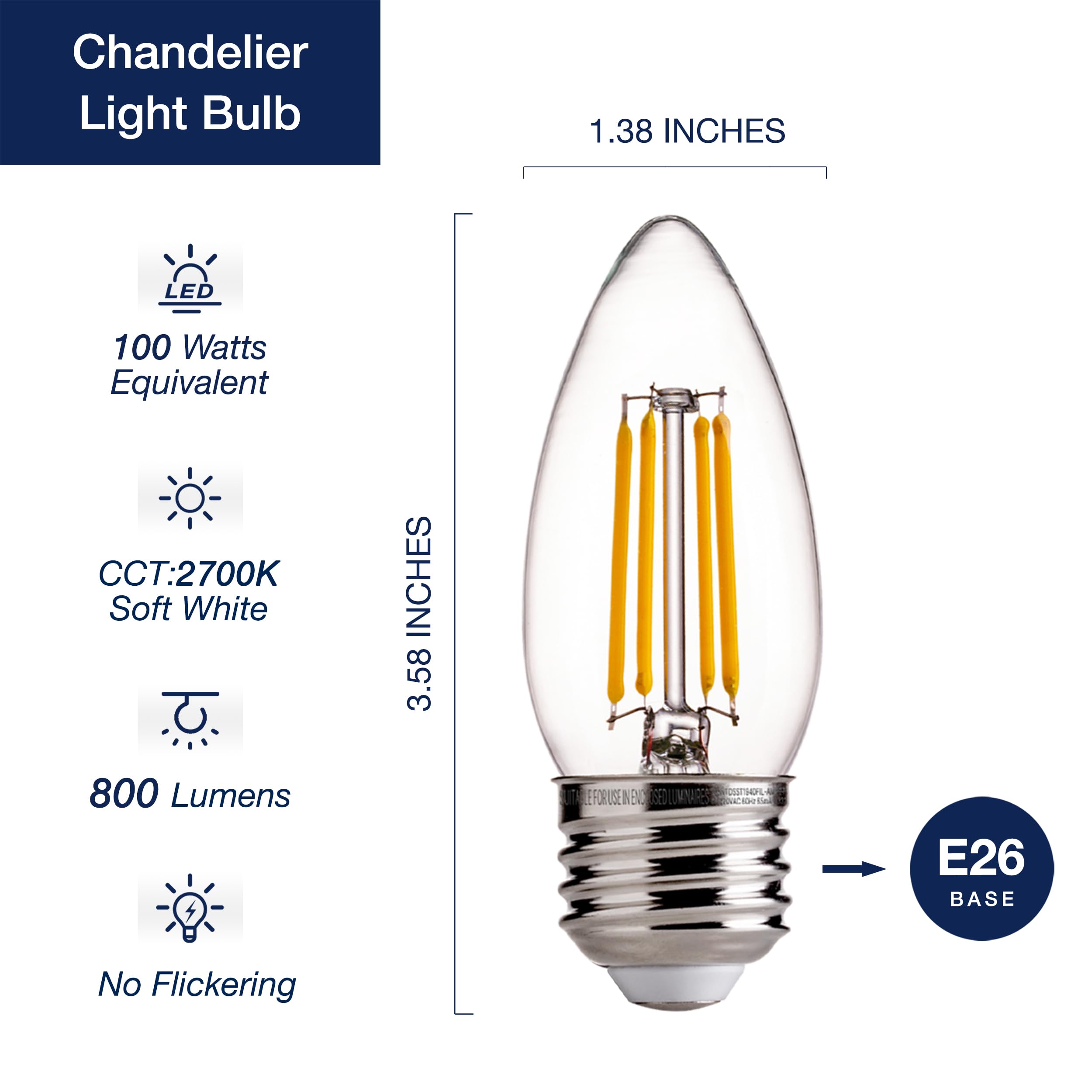 Flsnt 100W Equivalent Led Candelabra Bulbs, 800Lm Dimmable Led Chandelier Light Bulbs, 2700K Soft White, E26 Base, 12 Pack