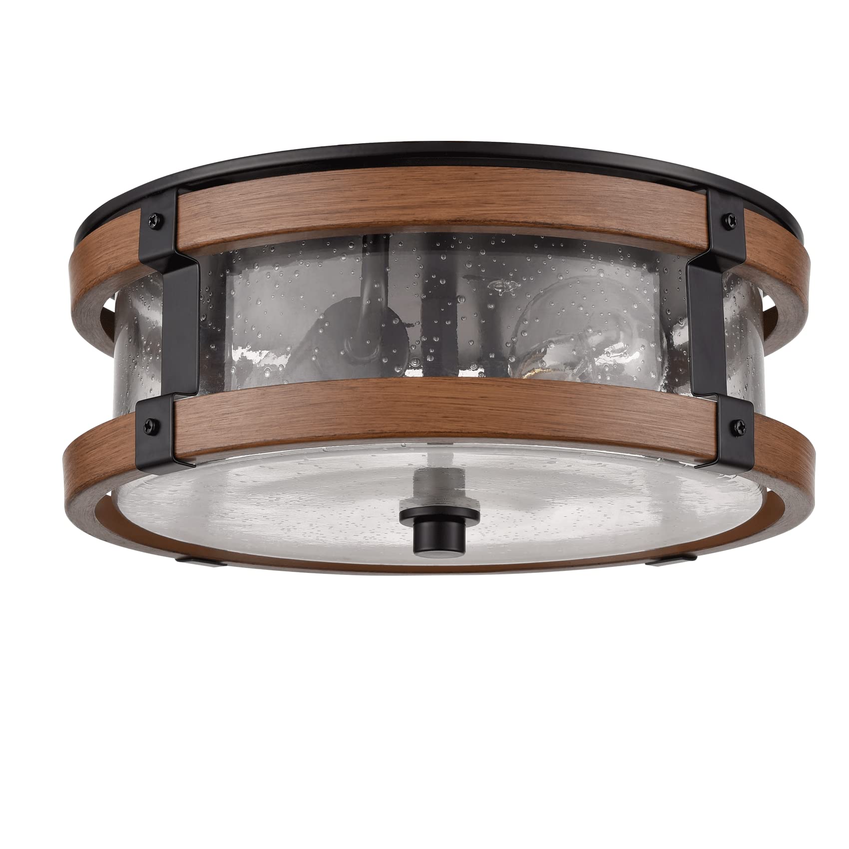 Deynite Farmhouse Ceiling Light Fixture 2-Light Hallway Ceiling Light In Black & Rustic Wood Grain Finish With Clear Seeded Glas