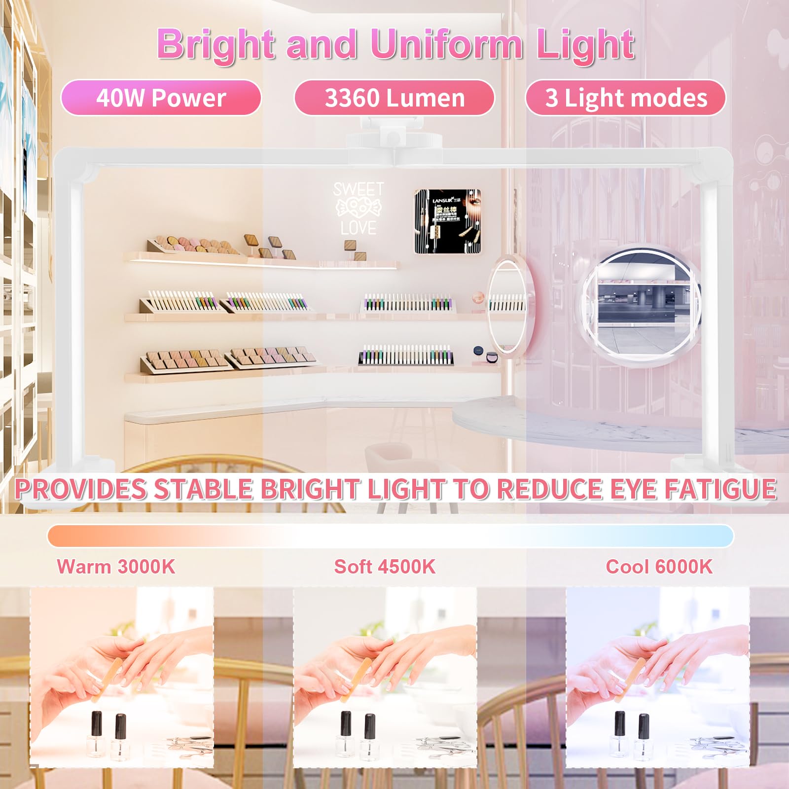 BQAN Nail Tech Lamp for Desk with Phone Holder, 33 40W Foldable Table Lamp for Nail, Lash Eyelash Extension, Tattoo - 3 Modes 30