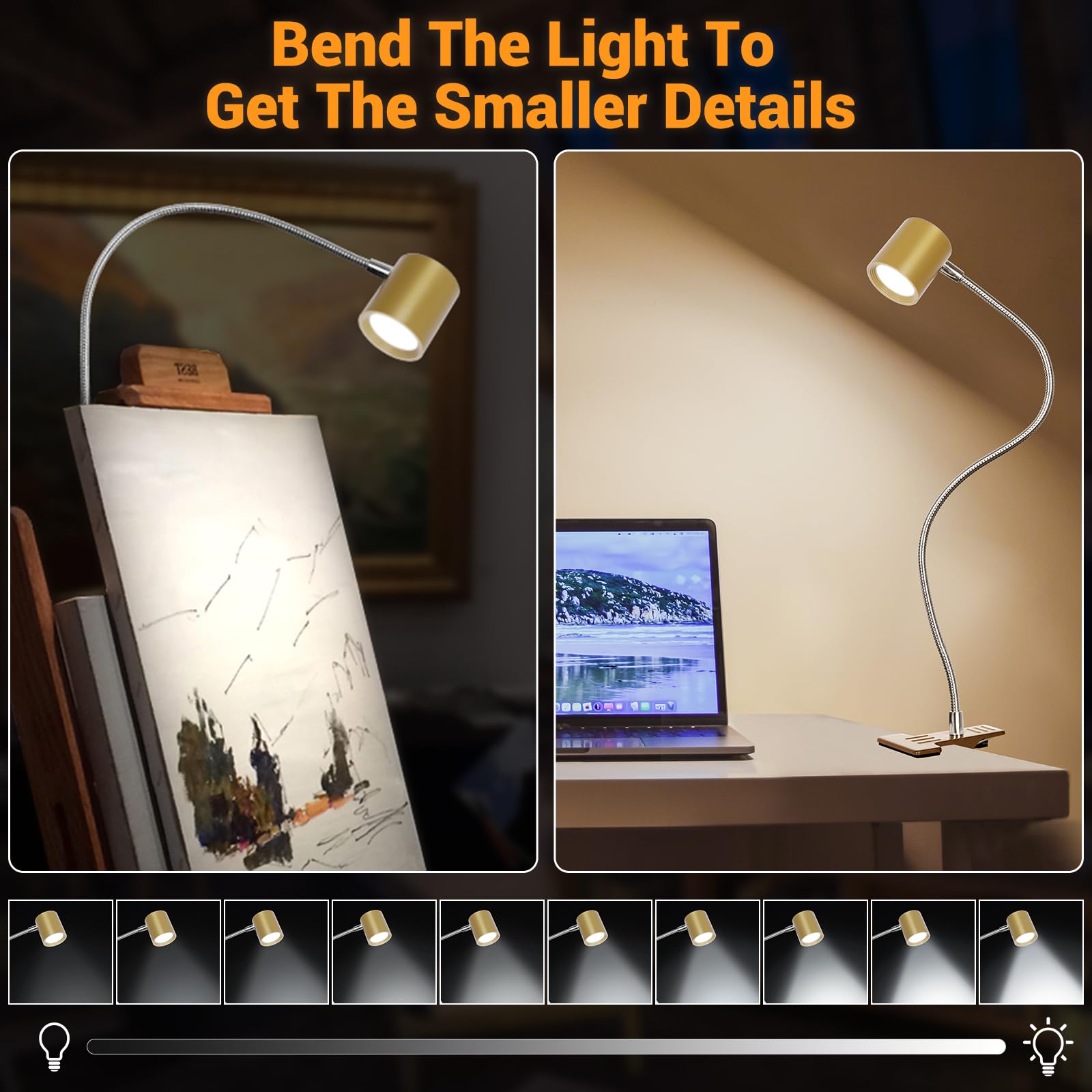 Best World LED Reading Light, 3 Modes, 10 Brightness Levels, Clip-On, Gooseneck, Aluminum, Gold, Model DA-3.5W-10