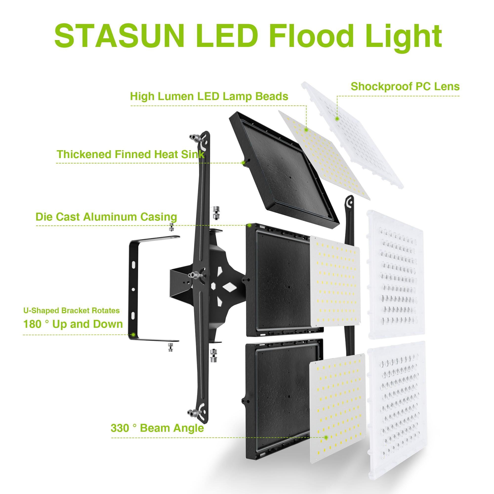 STASUN LED Flood Light 750W 75000lm 6000K IP66 Waterproof 3 Heads Outdoor Security Light, Aluminum, 1 Pack, Model FT5BLK