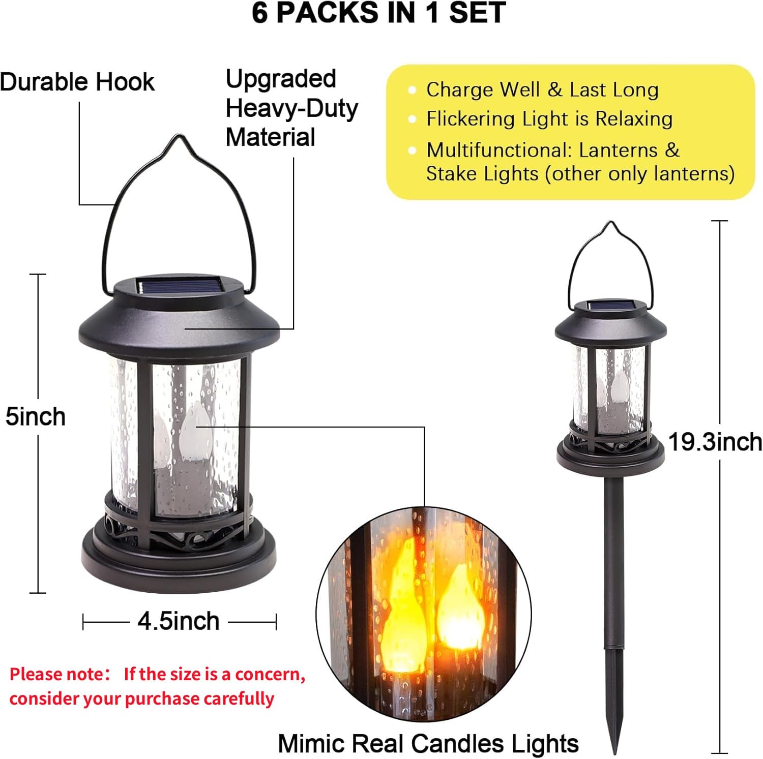 Beautyard Solar Flickering Candles - 6 Pack Black Lanterns for Garden, Patio, Lawn - Small ABS Decorative Lighting