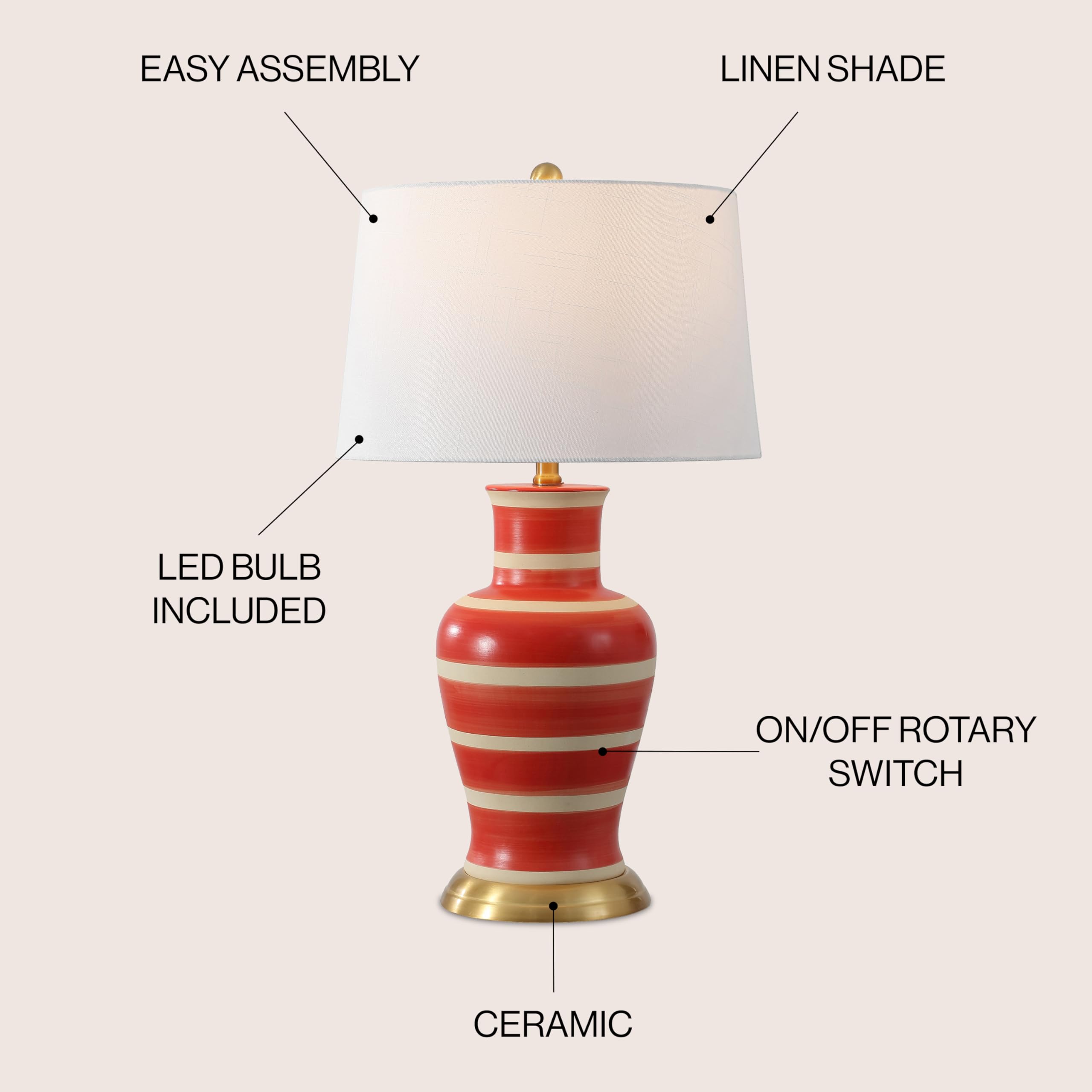 Jonathan Y Jyl4026K Julian 29'' Traditional Classic Ceramic Urn Led Table Lamp, Red/Beige For Bedroom, Living Room, Kitchen, Hom