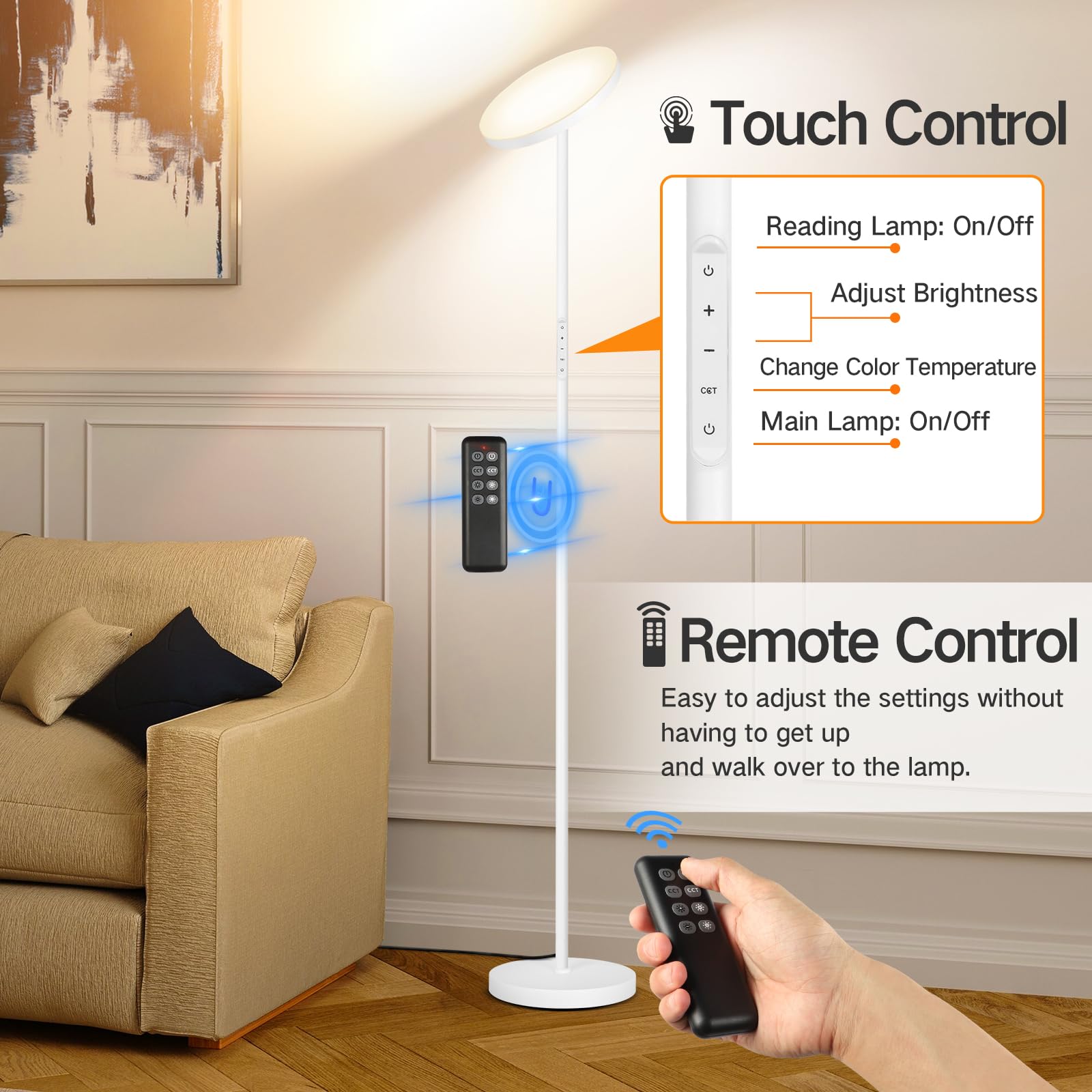Outon Led Torchiere Floor Lamp, Super Bright Dimmable Tall Standing Lamp With Remote Touch Control, 4 Color Temperatures, 1-Hour