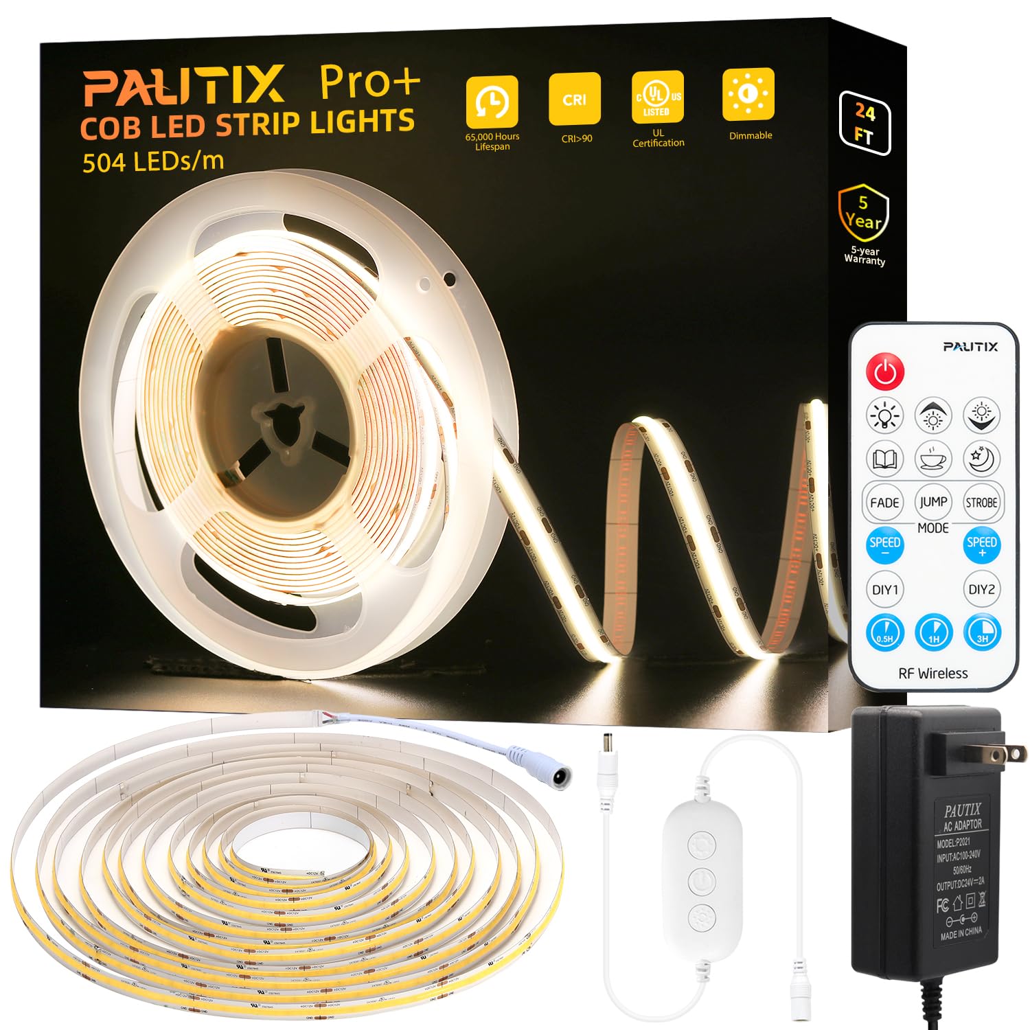 Pautix Cob Led Strip Light 3780Leds,Super Bright 8000Lumen 4000K Natural White 24Ft,Dimmable 24V Led Tape Light With 3M Tape,Rf Remote With Timer Function,48W Power Supply,For Bedroom,Home,Kitchen Diy