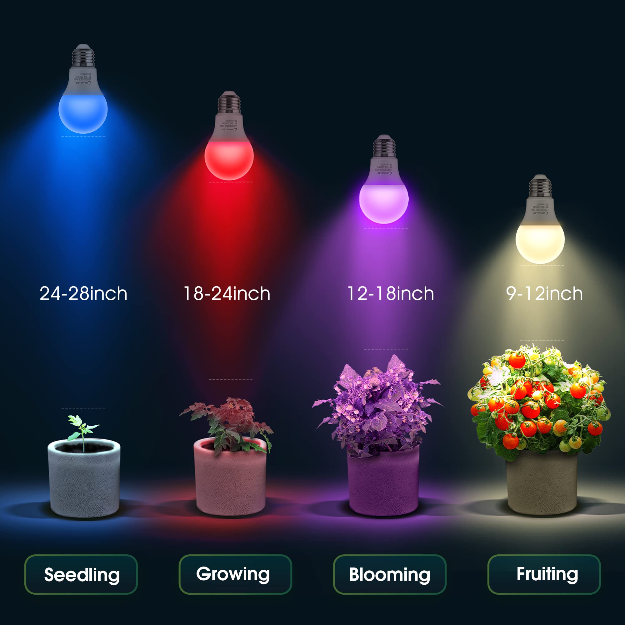 Briignite Grow Light Bulbs, 4 Full Spectrum Growth Modes, 3/9/12/18H Timing, A19 Dimmable Plant Light Bulb E26 Base, 11W Grow Bulb 100W Equivalent, Grow Light For Indoor Plants, Seed Starting, 2Pack