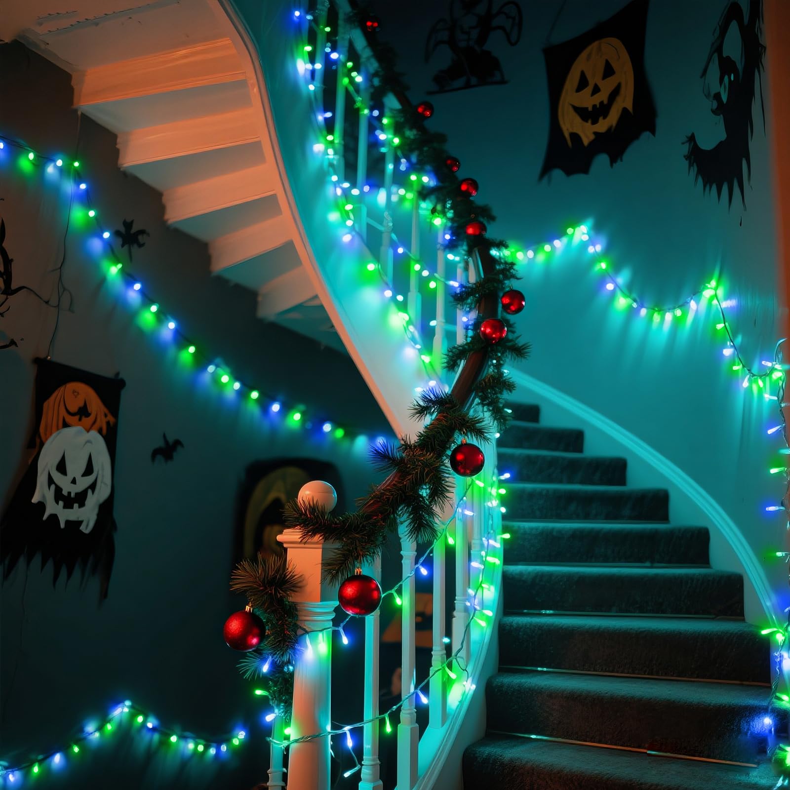 120 Led Blue Green Christmas Lights Outdoor Waterproof  40Ft Clear Wire Christmas Tree Lights 8 Modes Plug In Twinkle Fairy Lights For Indoor Christmas Bedroom Tree Decoration