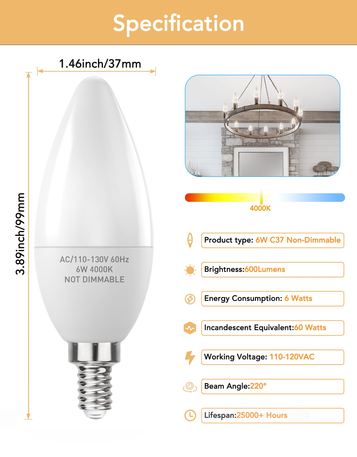 PARTPHONER E12 LED Light Bulbs B11, 6W Non-Dimmable, 600 Lumen, 4000K Neutral White, 12 Count, Model PABB054