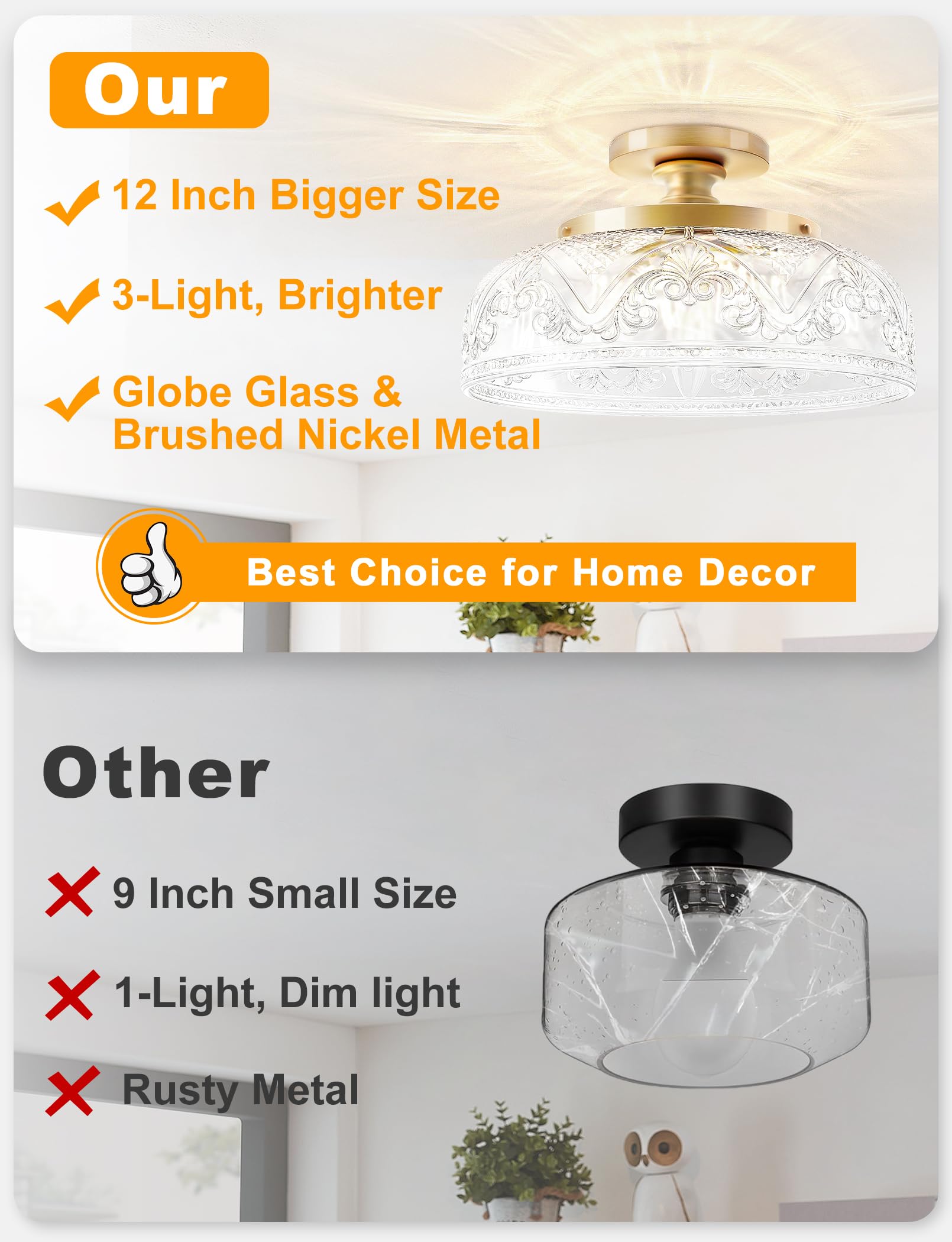 Slypadan Semi Flush Mount Ceiling Light, 12 Inch Large Gold Ceiling Light Fixture, 3-Light Globe White Glass Farmhouse Kitchen L