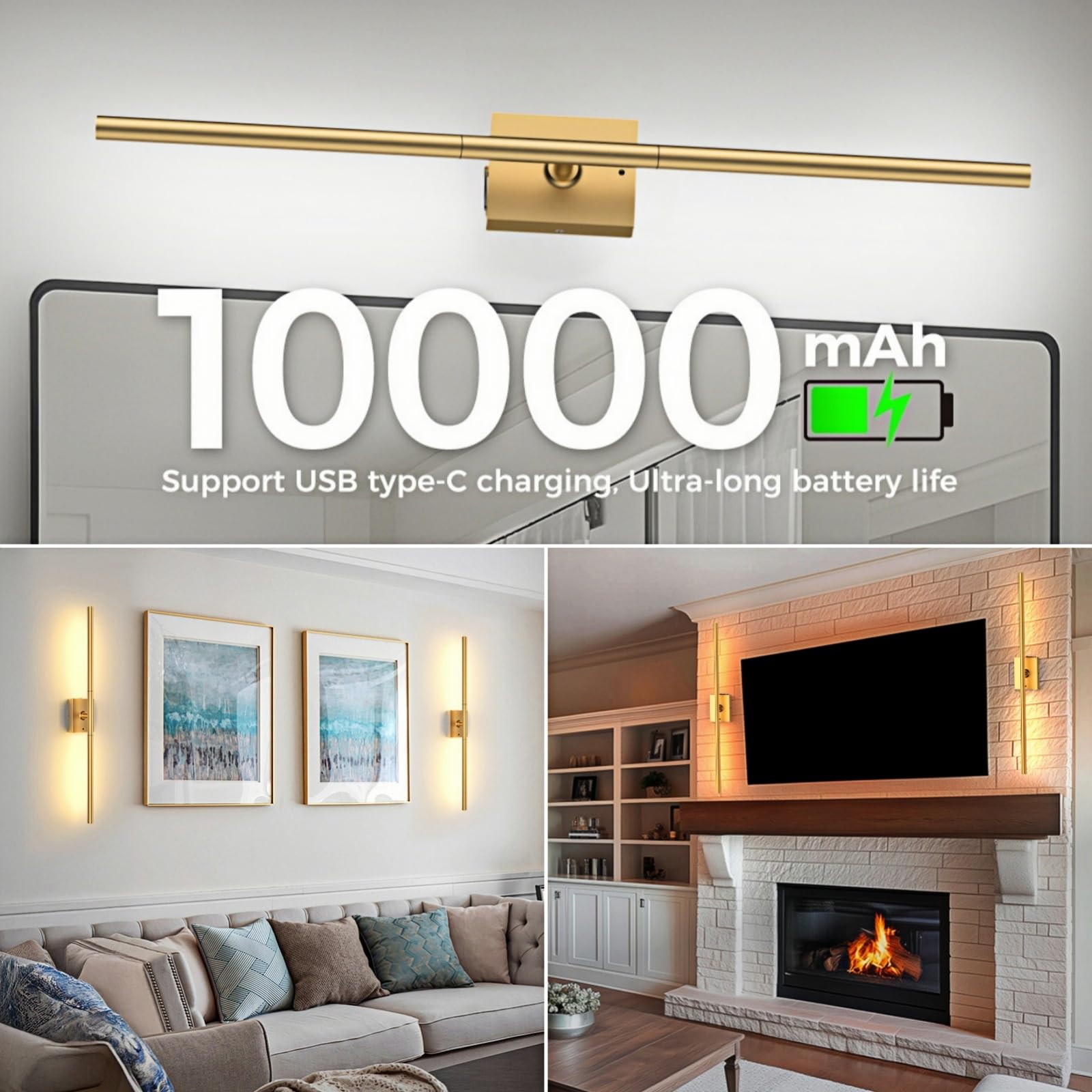 iThird Battery Operated Wall Sconces Set of Two, Dimmable LED Lights, 31.5inch, Gold, Remote Control, Model IT-LP-3272