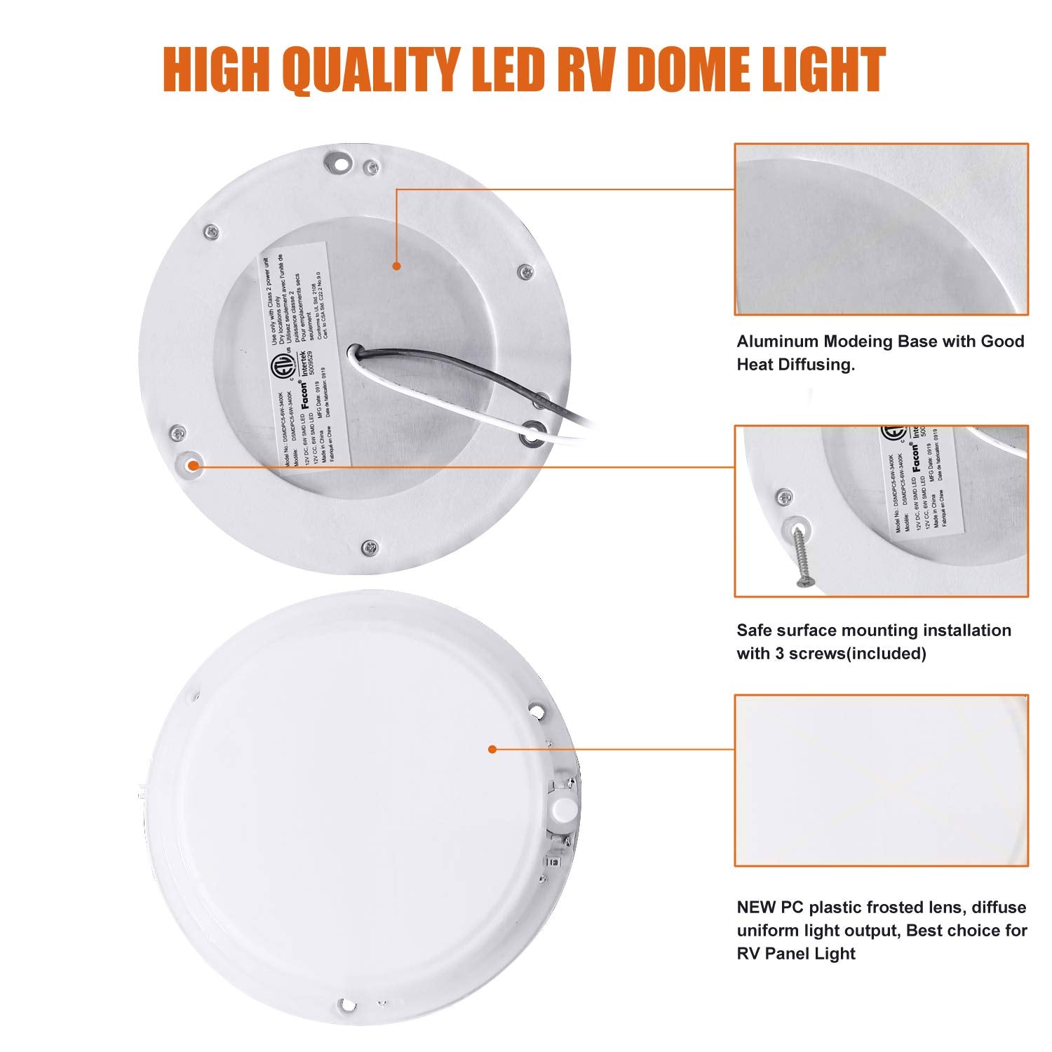 Facon 12V RV Puck Light with Switch, 5-Inch Surface Mount, Aluminum, 3400K Warm White, Model DSMDPC5-6W-3400K