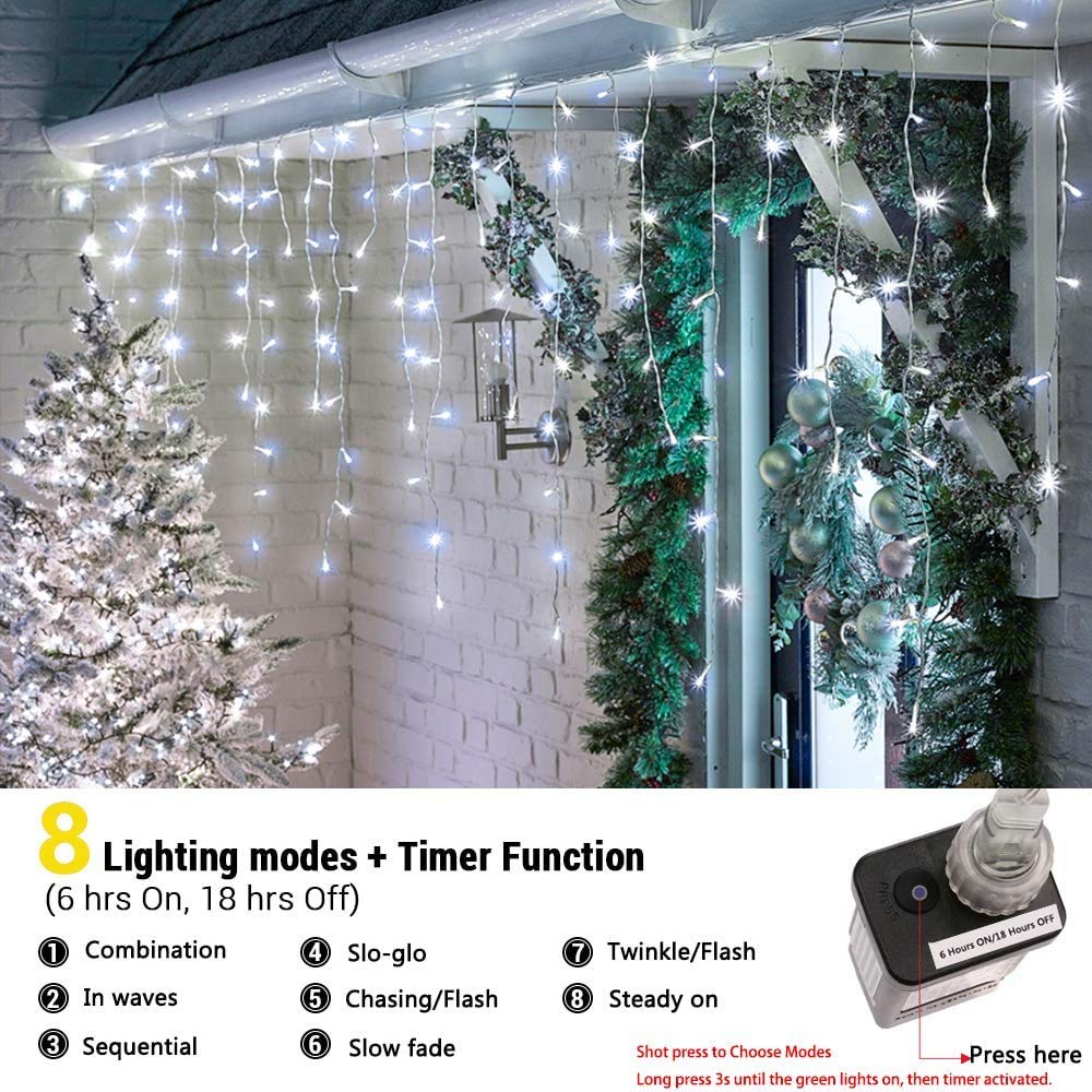LYHOPE Icicle Christmas Lights, 432 LED, 35.4ft, 8 Modes, Pure White, Model JT-EL/FC300V0200-C, Indoor/Outdoor Decor