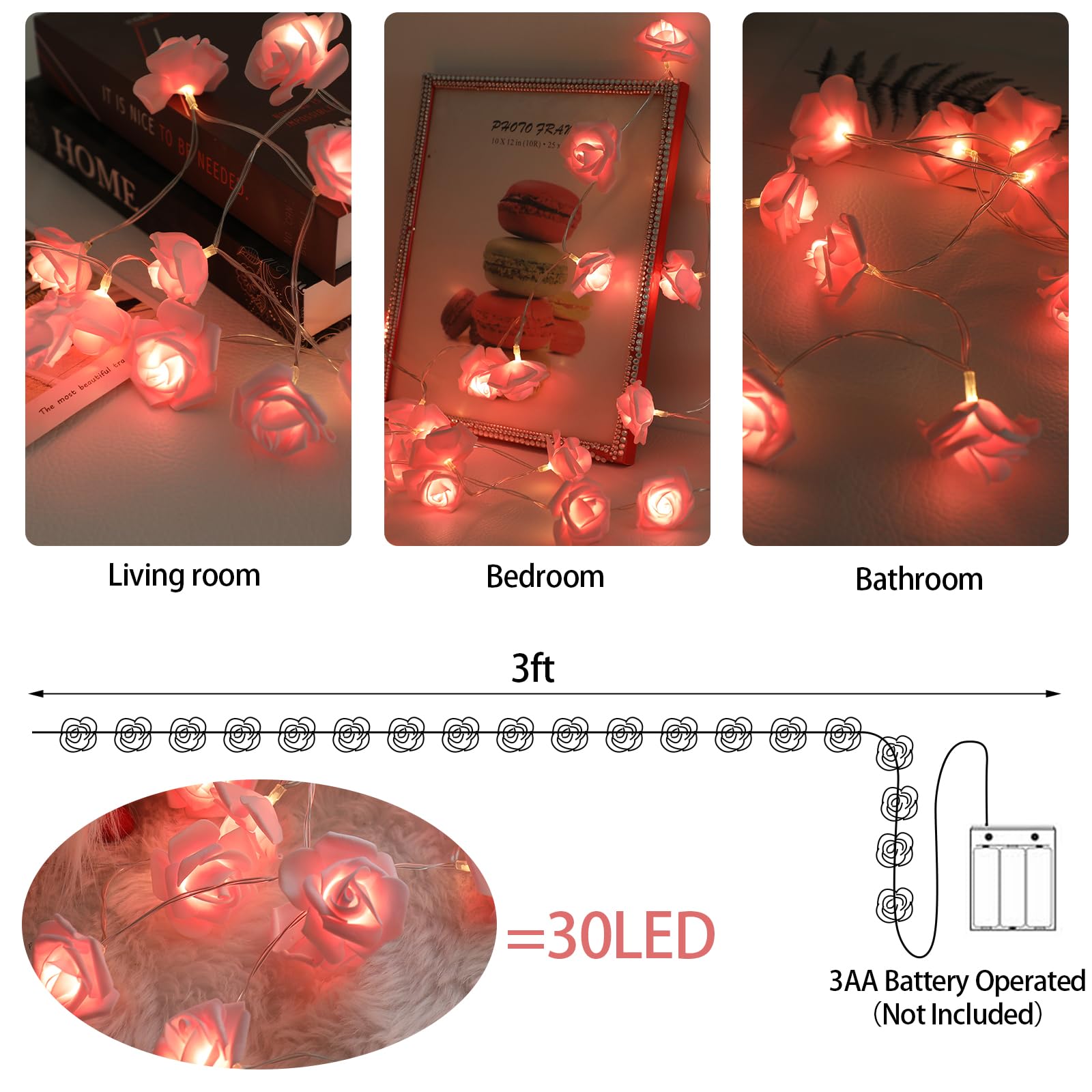 CCINEE 9.8Ft Pink LED Rose Flower String Lights?30 LED Flower Fairy String Lights Battery Operated Artificial Flowers Garland Li