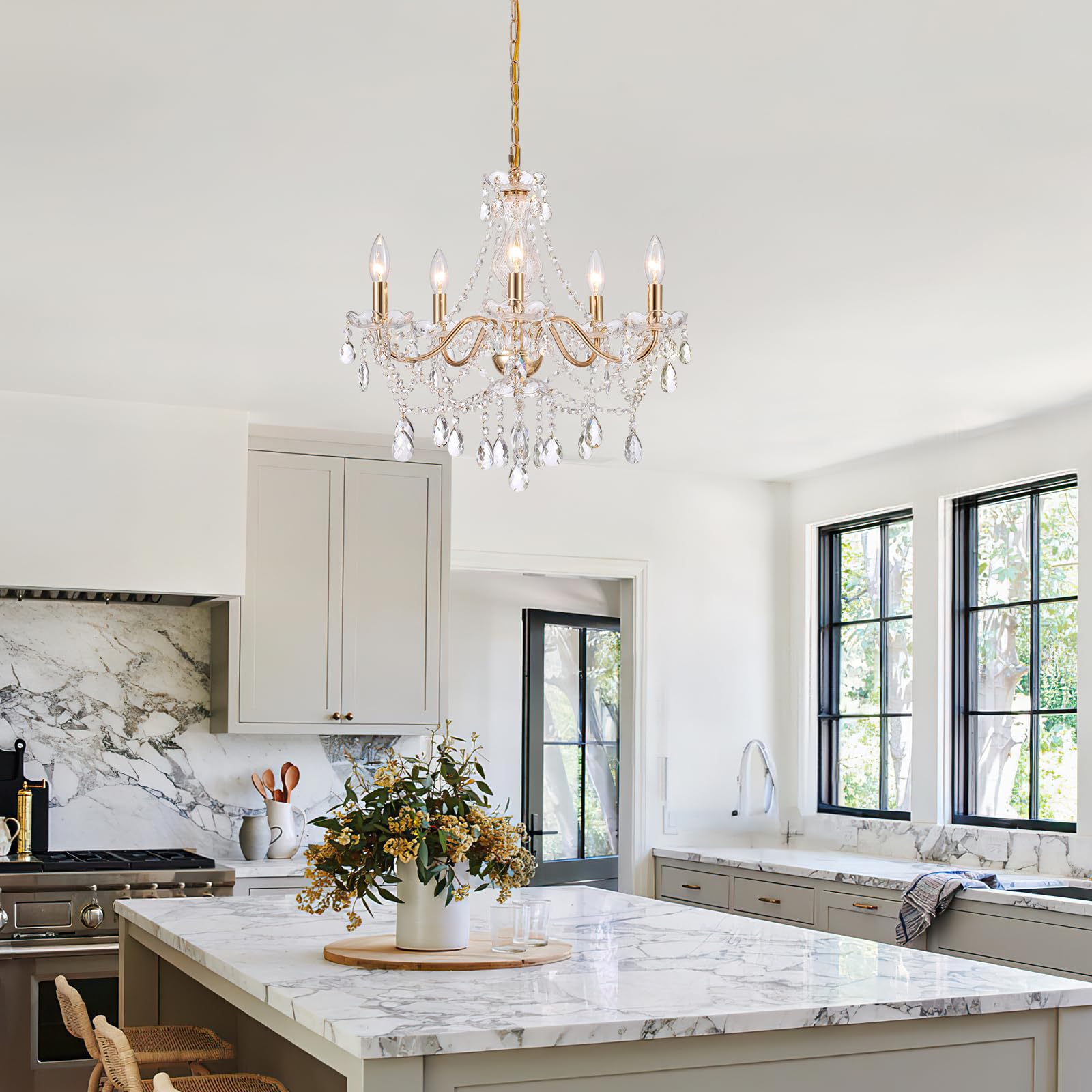 Amzasa Crystal Gold Chandelier  Glass Crystal Hanging Pendant Lighting  5 Light French Country Gold Crystals Chandelier For Ceiling Medallions Wedding Dining Kitchen  Foyer Dia 20   Golden