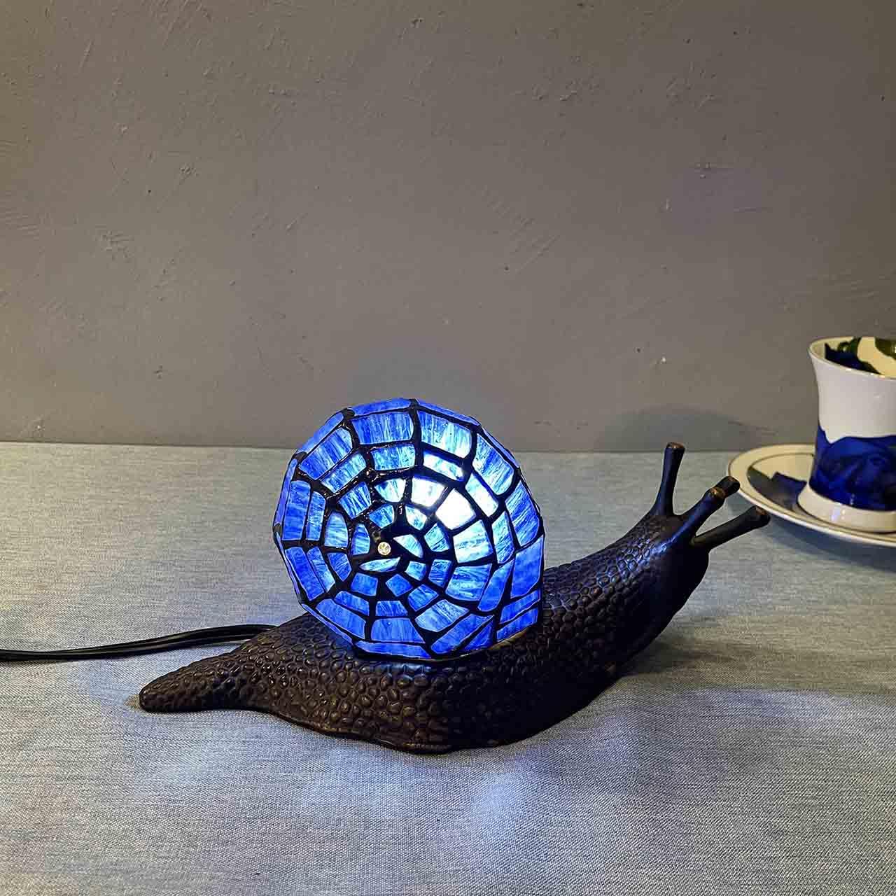 Bieye L10983 Land Snail Tiffany Style Stained Glass Accent Table Lamp For Home Decoration (Blue, 10'' D X 5'' W X 5'' H)