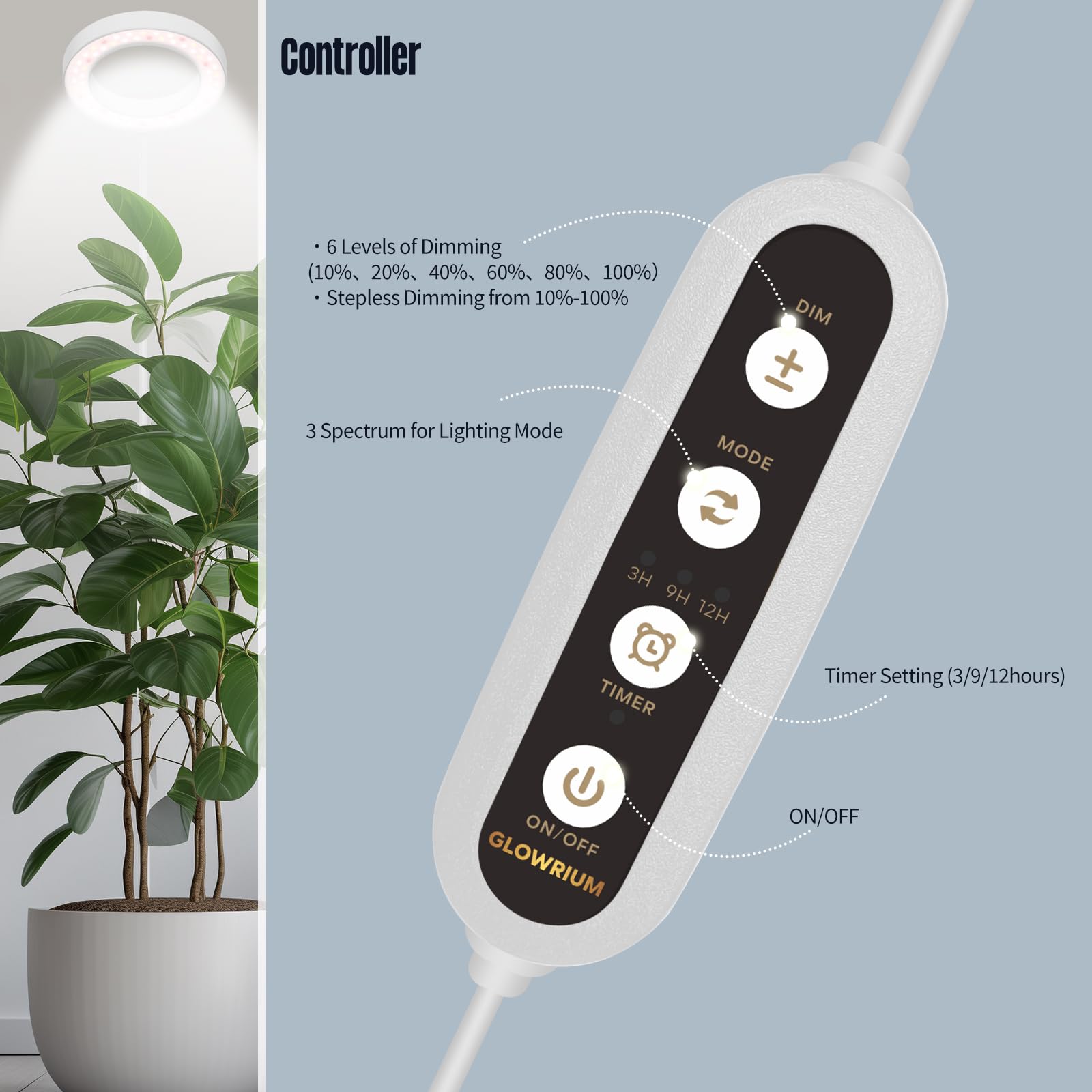 Glowrium Grow Lights For Indoor Plants  40W Led 2-Head Plant Grow Lights With Auto-Timer  Full Spectrum Adjustable Height Standing Plant Grow Light  3 Light Modes  6-Level Dimmable (White)